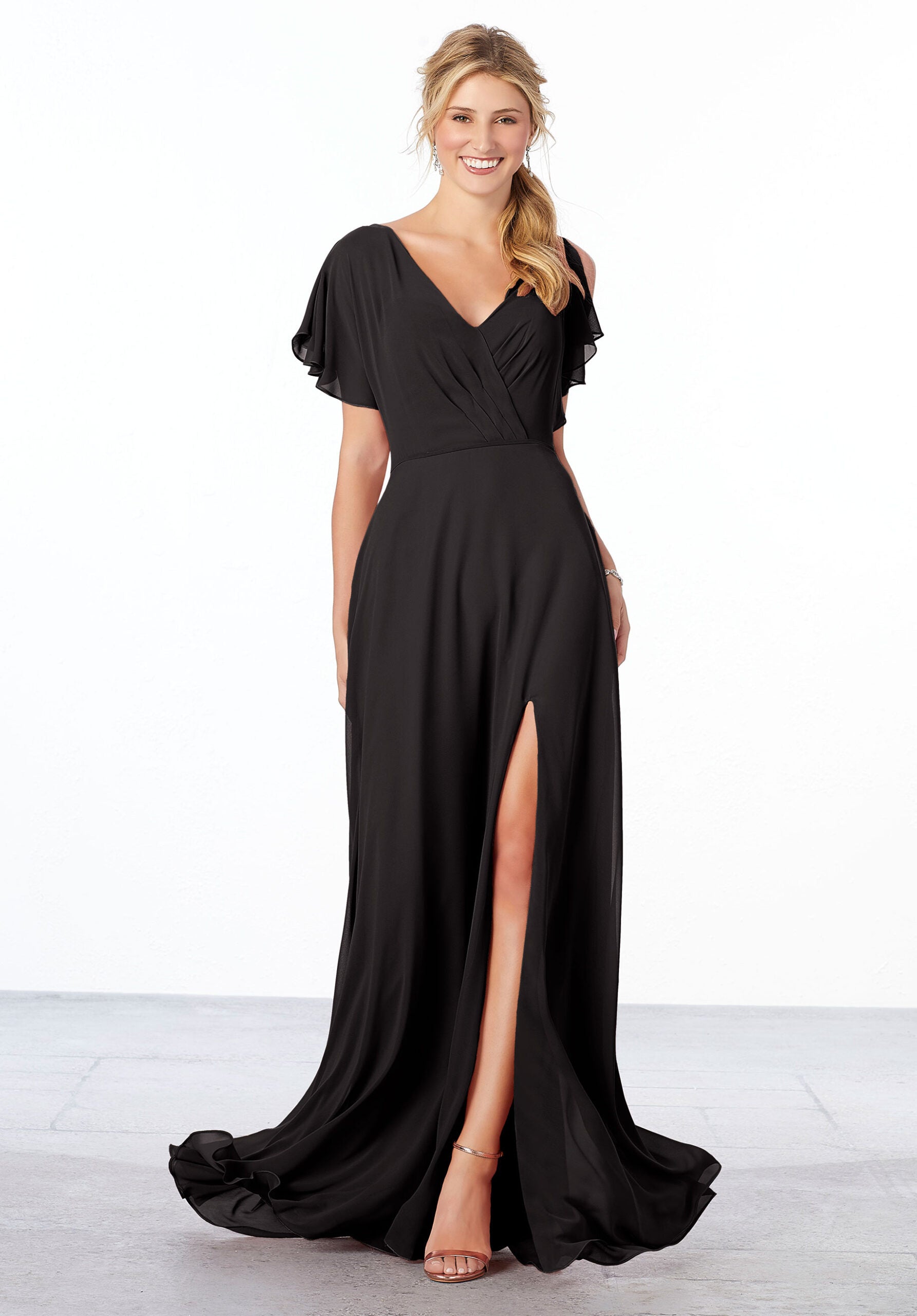 Formal Dresses Long Slit A Line Formal Ruffle Dress MGNY Madeline Gardner New York 21667 Black