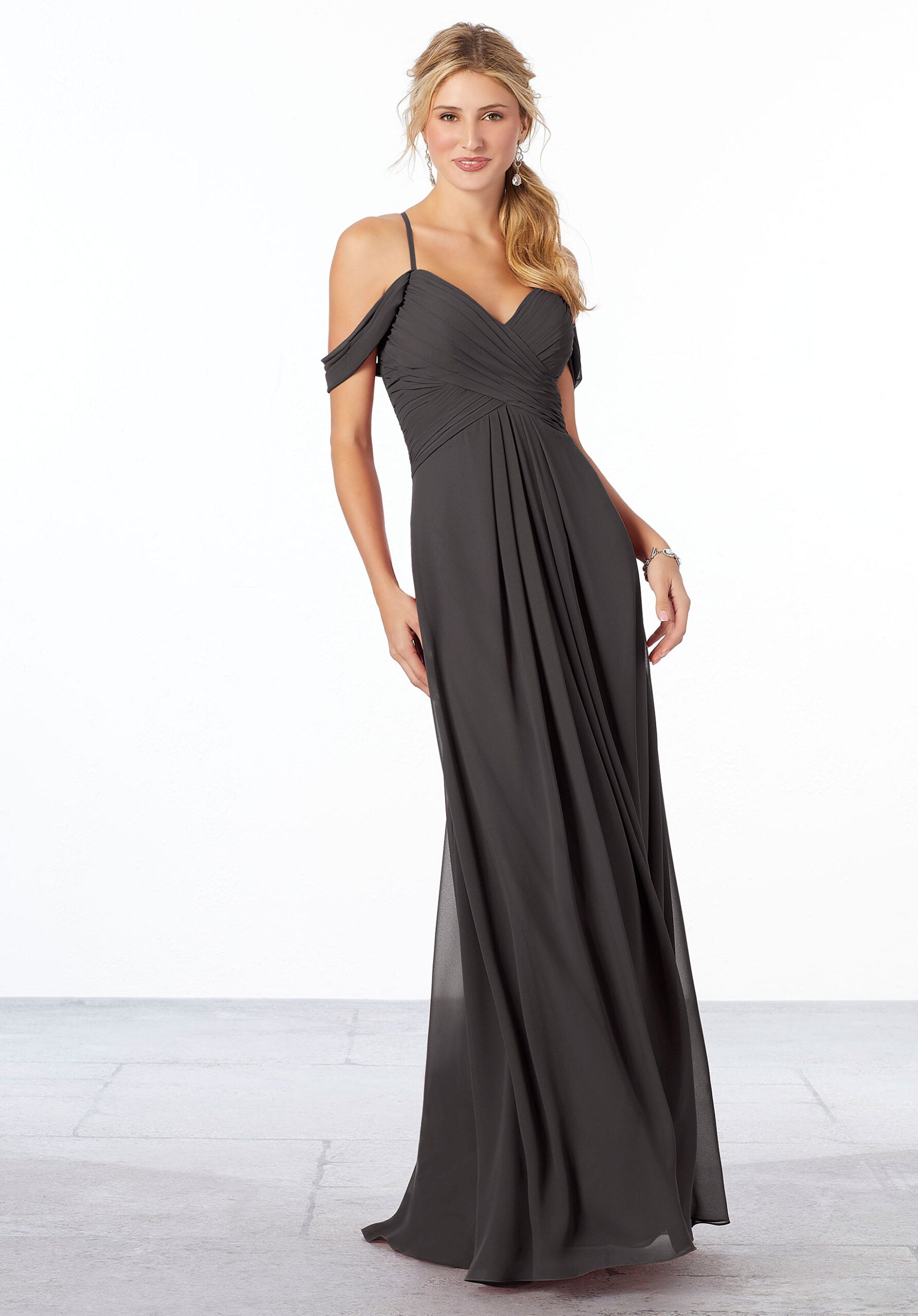 Formal Dresses Pleated Formal A Line Long Evening Dress MGNY Madeline Gardner New York 21671 Charcoal