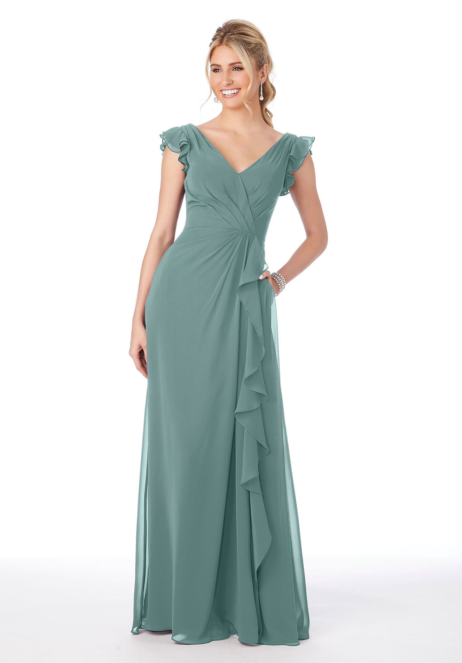 Formal Dresses Formal Evening Ruffle Long Dress MGNY Madeline Gardner New York 21686 Deep Sea
