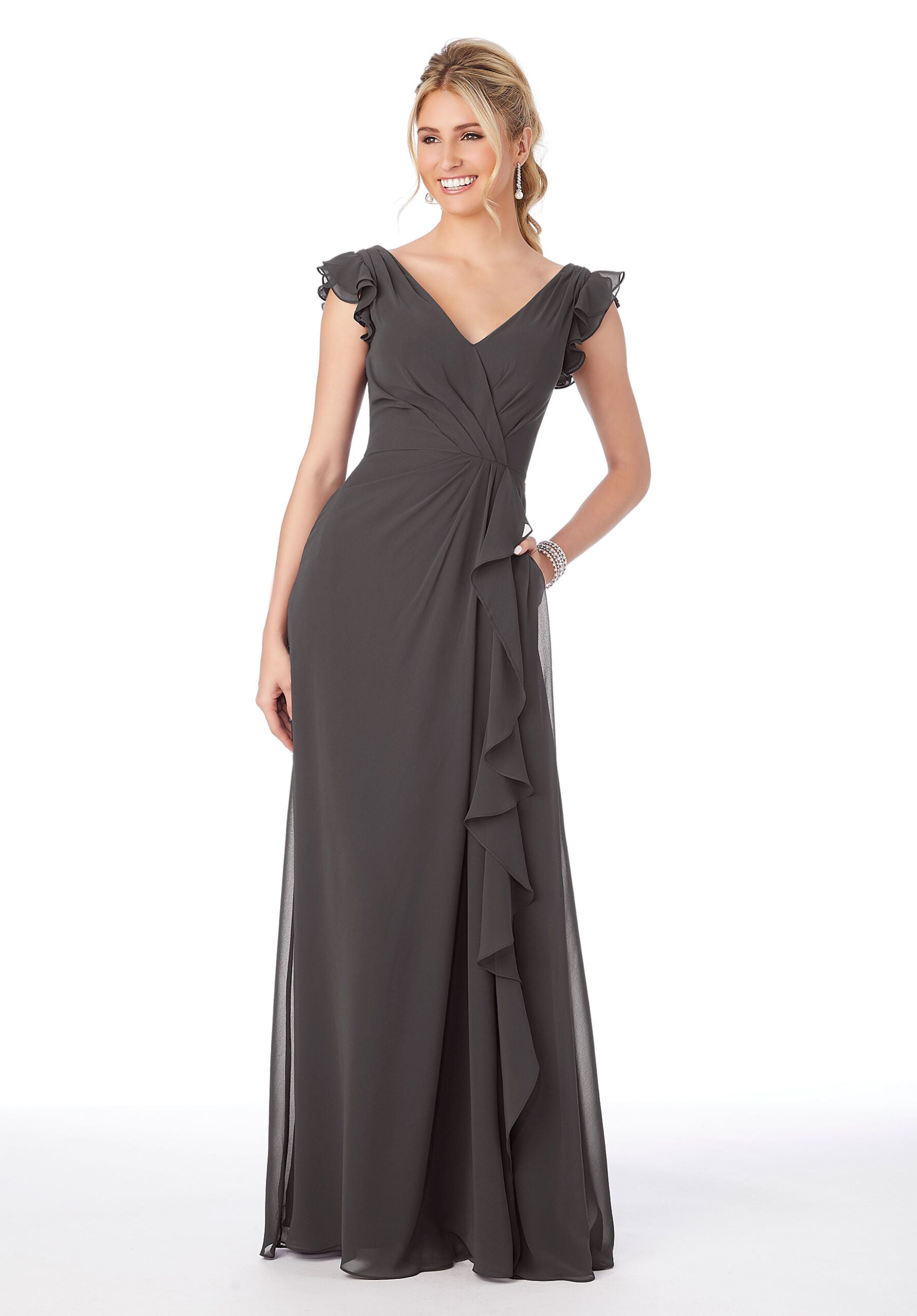 Formal Dresses Evening Formal Ruffle Long Dress MGNY Madeline Gardner New York 21686 Charcoal