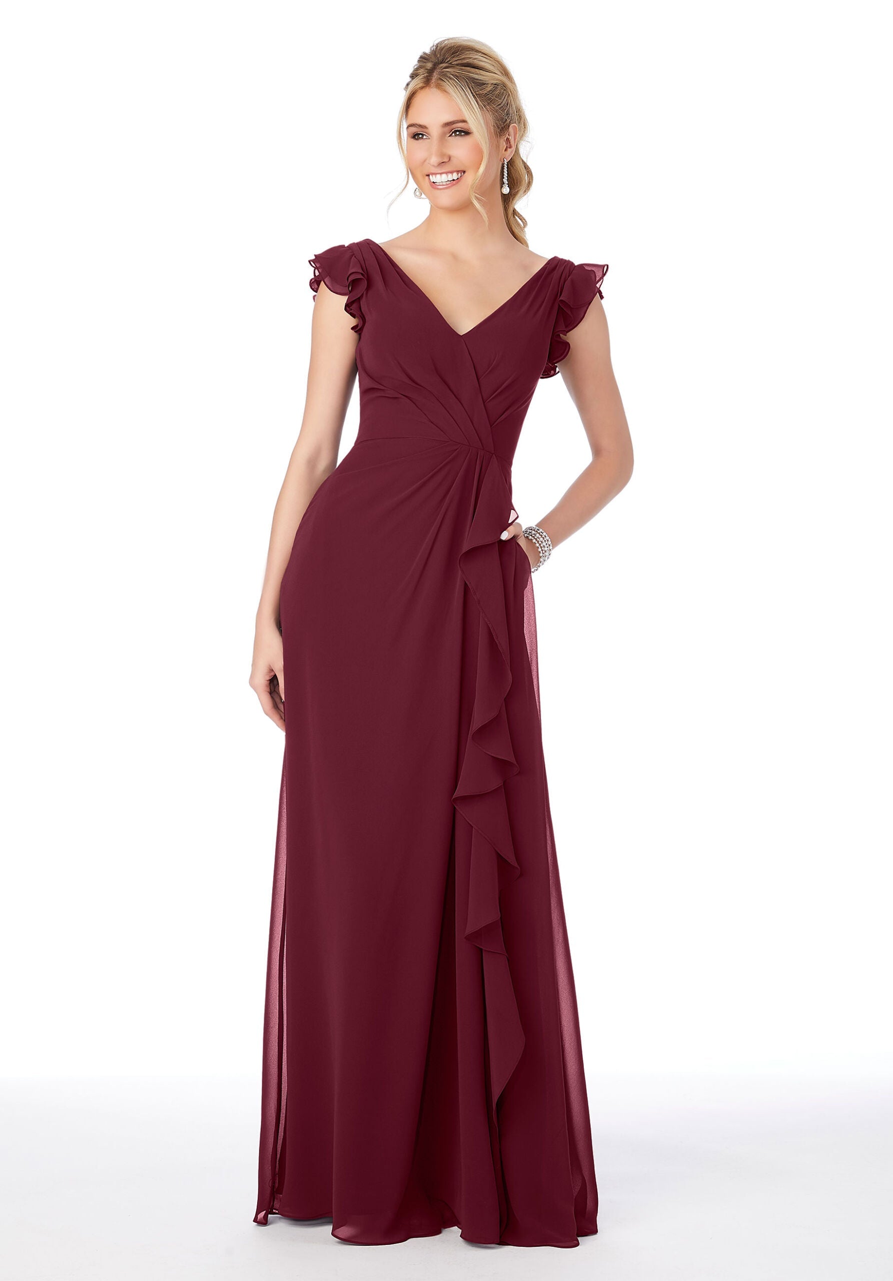 Formal Dresses Evening Formal Ruffle Long Dress MGNY Madeline Gardner New York 21686 Bordeaux