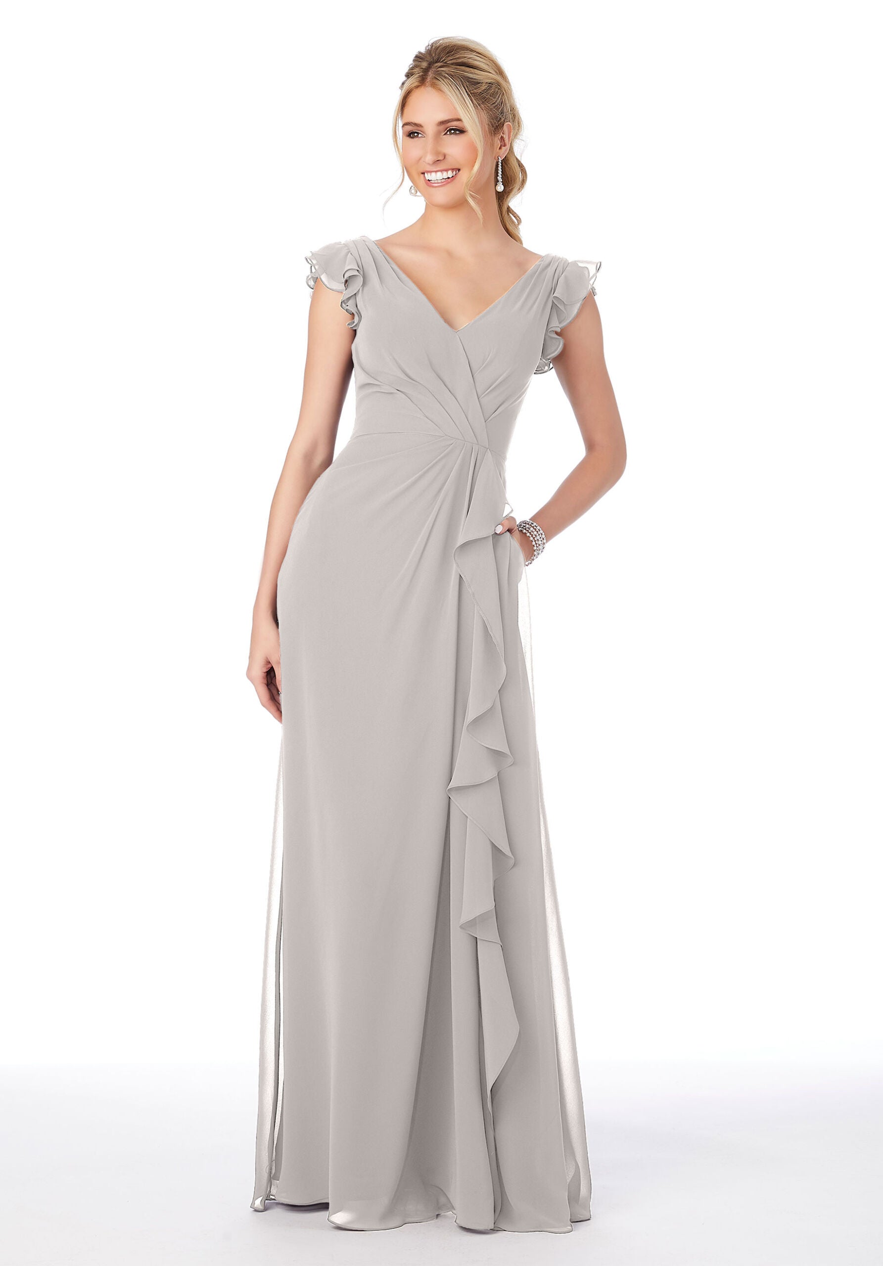 Formal Dresses Long Formal Evening Ruffle Dress MGNY Madeline Gardner New York 21686 Silver