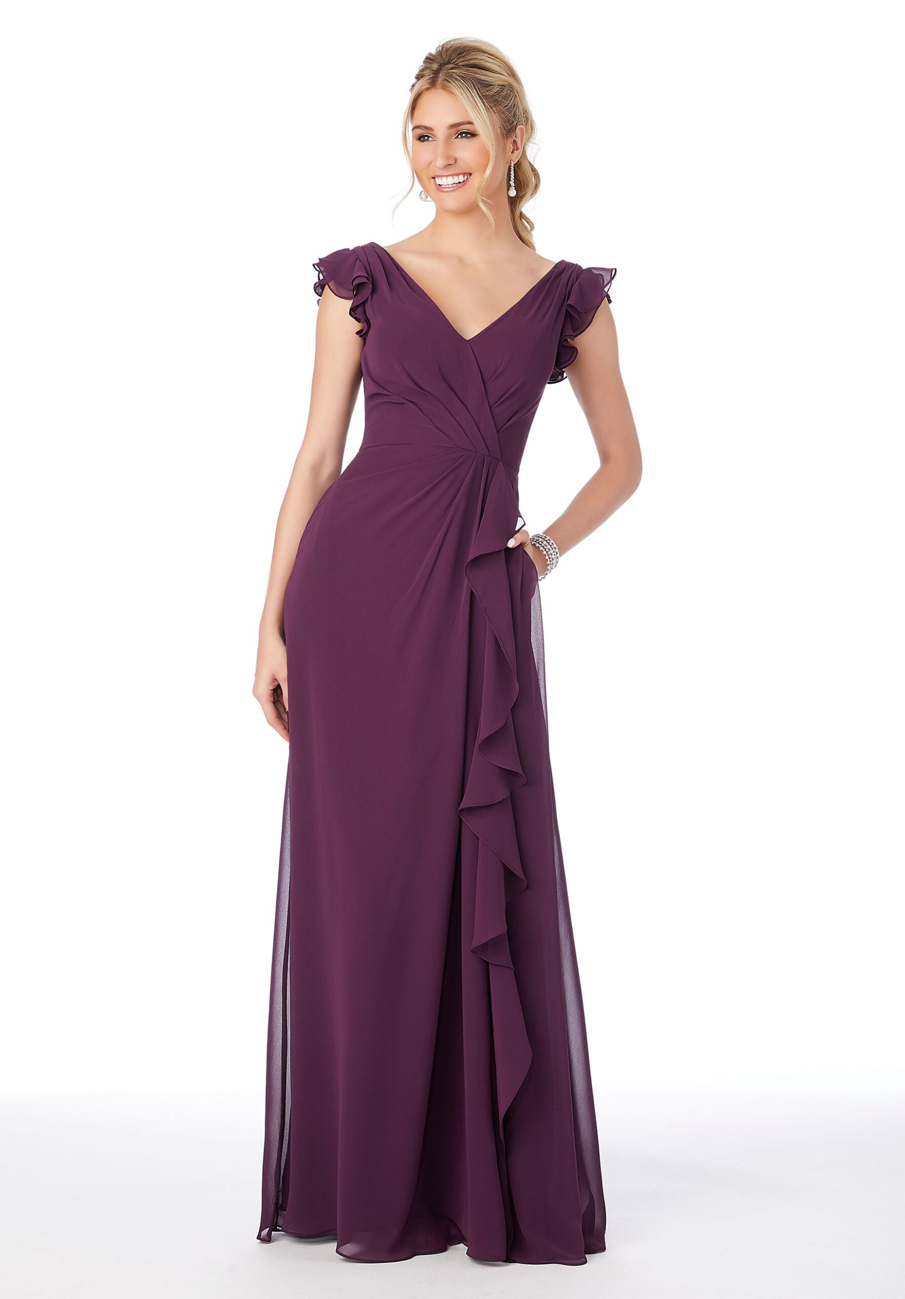 Formal Dresses Formal Evening Ruffle Long Dress MGNY Madeline Gardner New York 21686 Eggplant