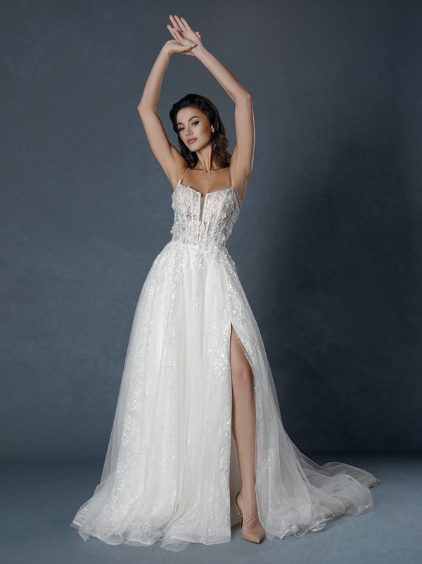 Long Slit Floral Corset Wedding Dress