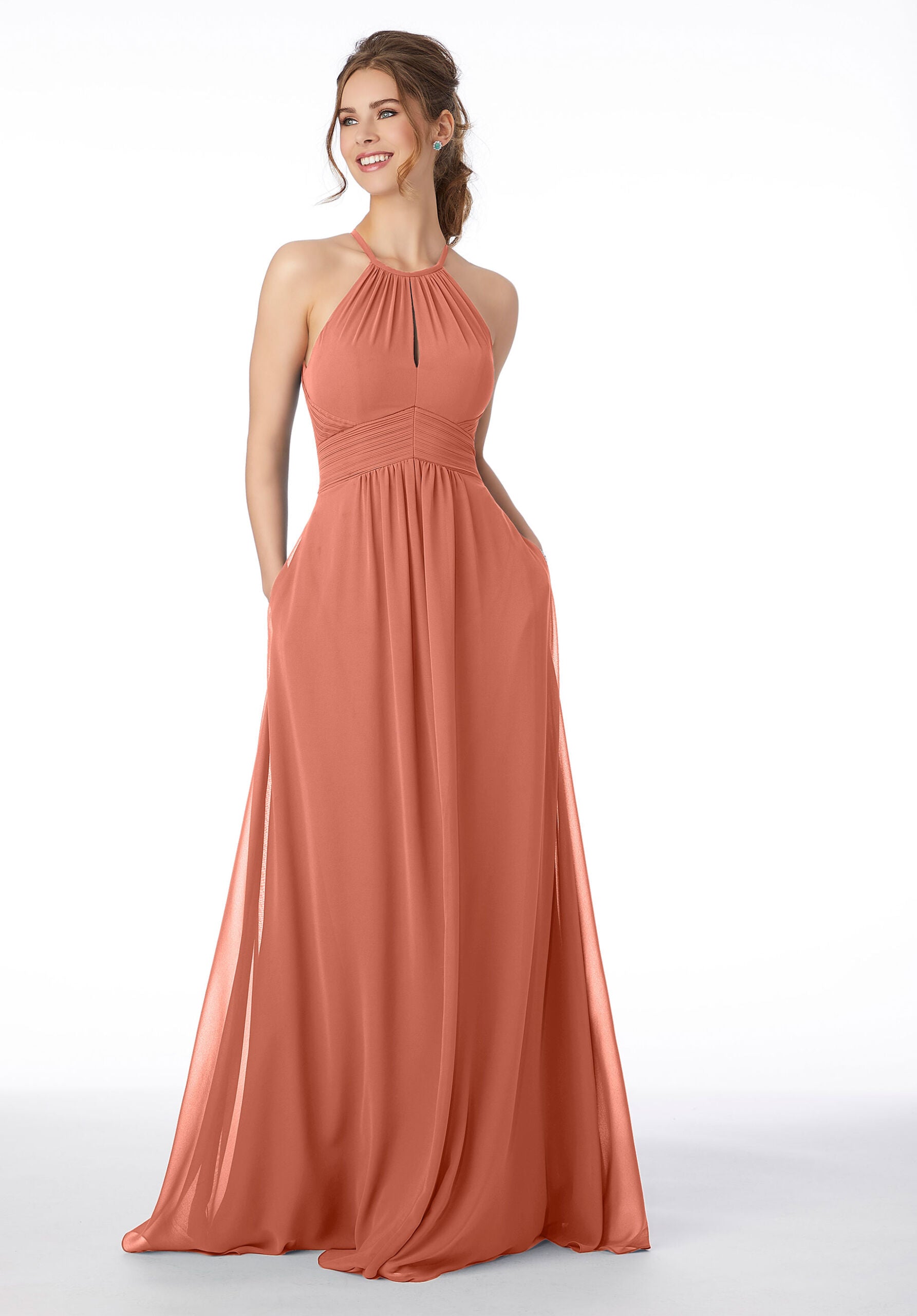 Formal Dresses Pleated Long Formal A Line Dress MGNY Madeline Gardner New York 21695 Spice