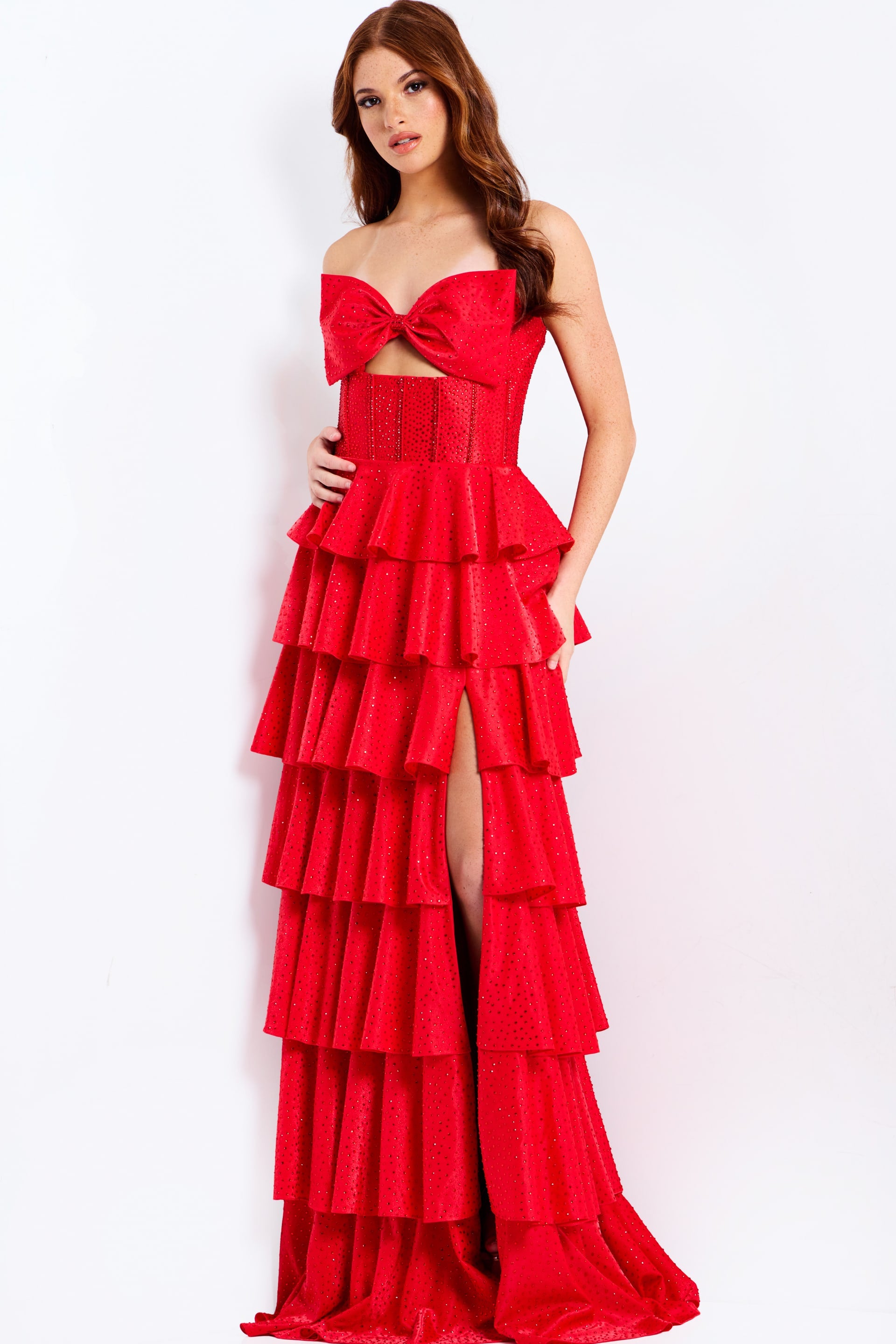 Prom Dresses Long Formal Ruffle Slit Beaded A Line Prom Dress Jovani 49780 Red