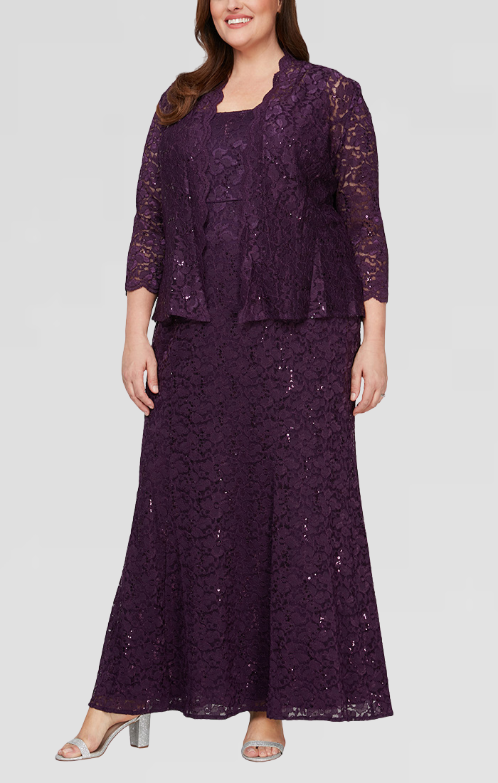 Sl Fashions Plus Size Stretch Lace Gown & Jacket - Eggplant - Size 14W Sl Fashions Plus Size Stretch Lace Gown & Jacket - Eggplant - Size 14W