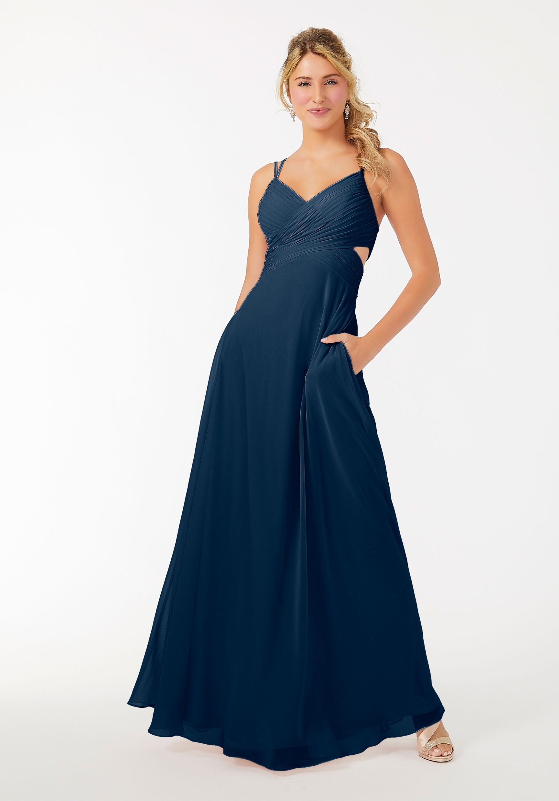 Formal Dresses Long A Line Formal Evening Pleated Dress MGNY Madeline Gardner New York 21702 Navy