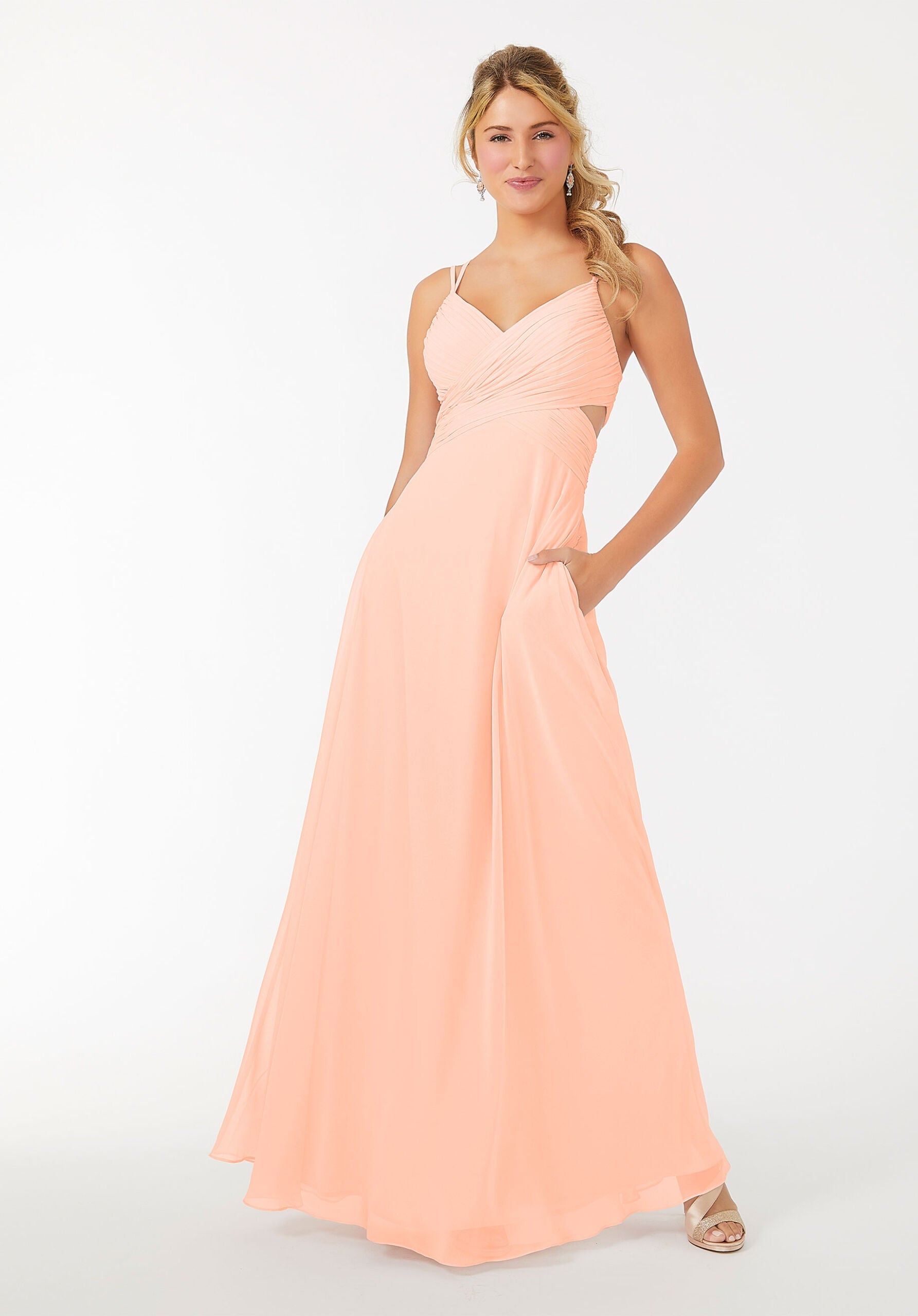 Formal Dresses Long A Line Formal Evening Pleated Dress MGNY Madeline Gardner New York 21702 Peach