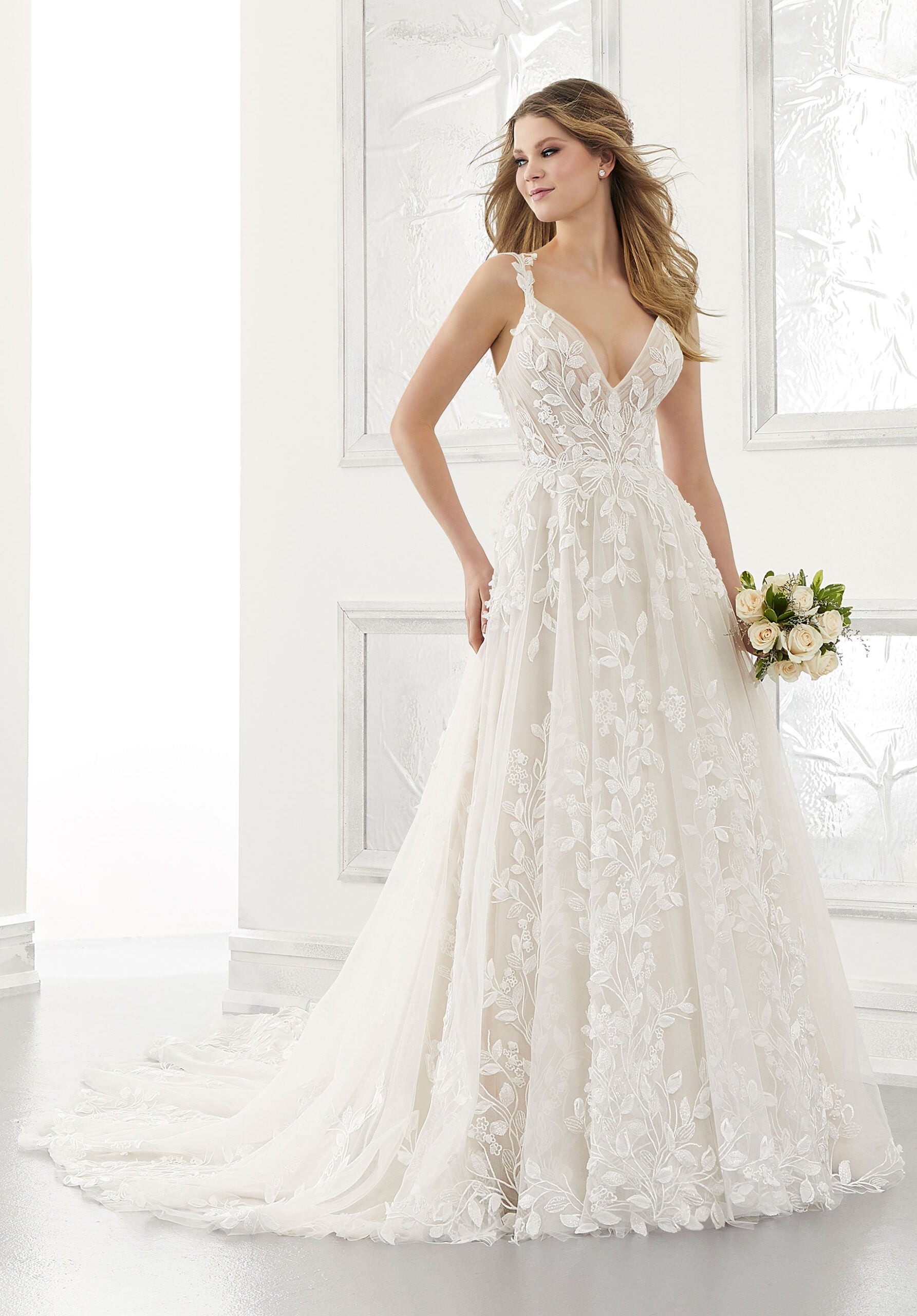 Wedding Dresses Long 3D Floral A Line Bridal Wedding Dress MGNY Madeline Gardner New York 2171 Ivory/Sand