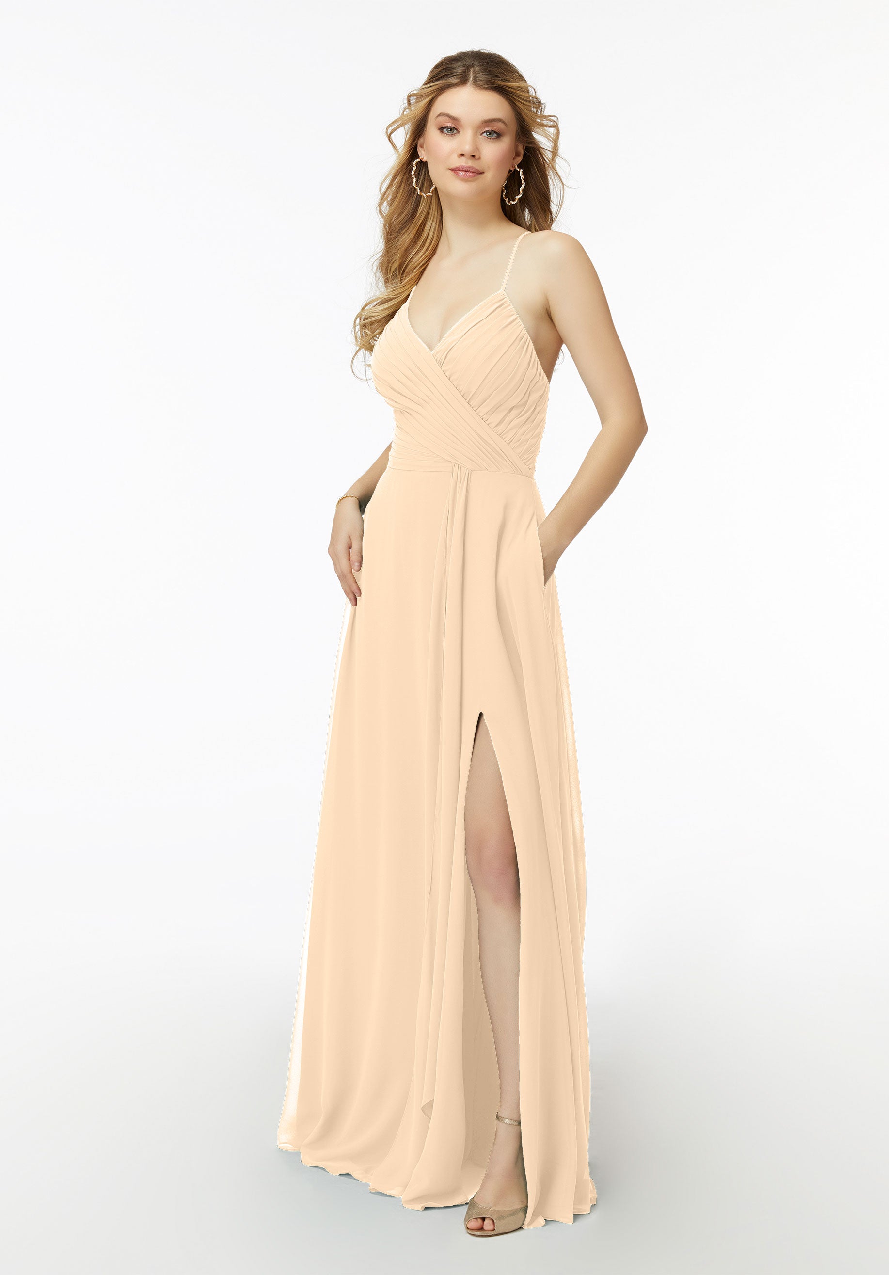 Formal Dresses Long Formal A Line Pleated Slit Dress MGNY Madeline Gardner New York 21725 Buttercream