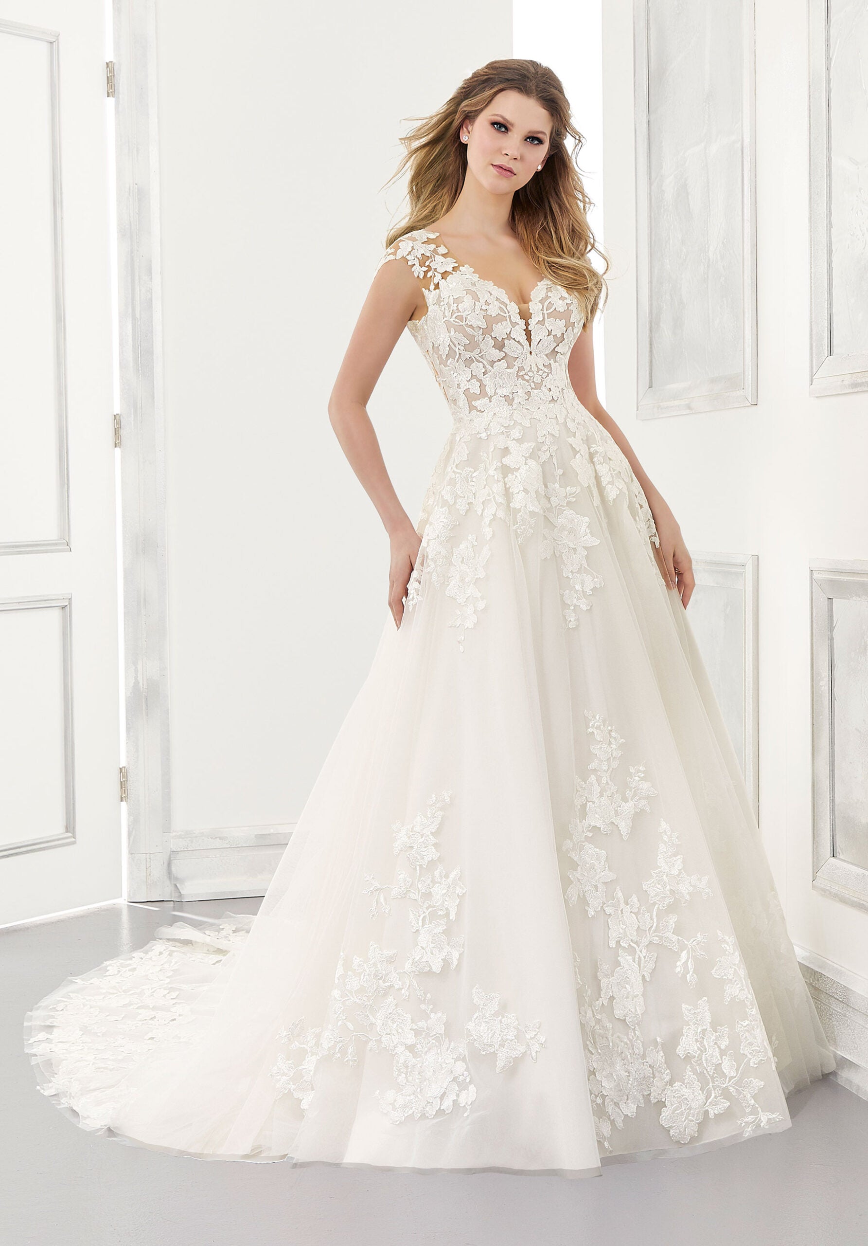 Wedding Dresses Long A Line Bridal Wedding Lace Dress MGNY Madeline Gardner New York 2173 Ivory/Champagne/Honey