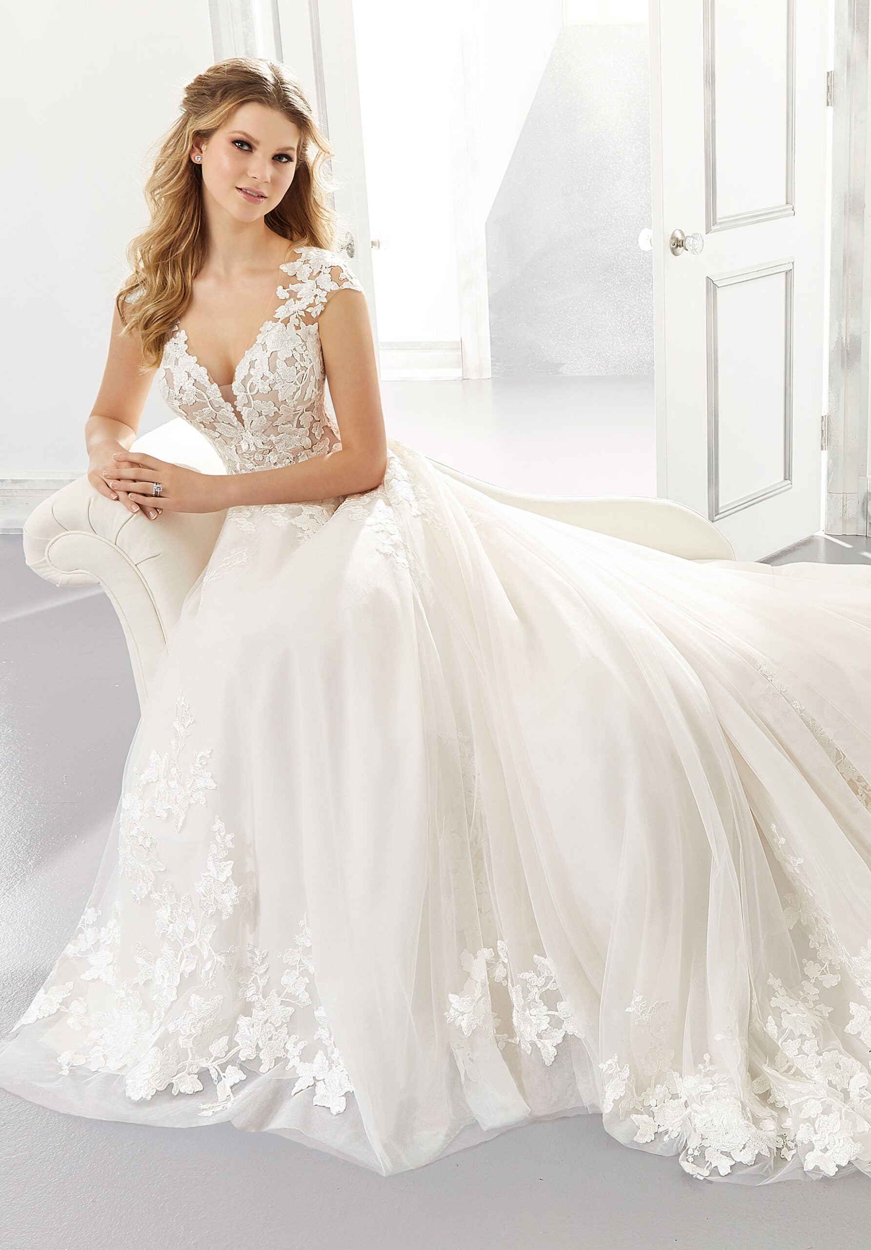Wedding Dresses Long A Line Bridal Wedding Lace Dress MGNY Madeline Gardner New York 2173 Ivory/Champagne/Honey