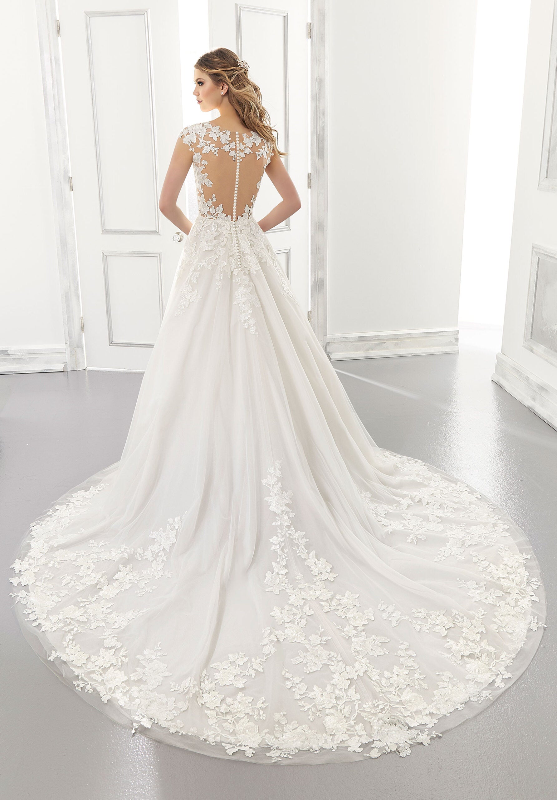 Wedding Dresses Long A Line Bridal Wedding Lace Dress MGNY Madeline Gardner New York 2173 Ivory/Champagne/Honey
