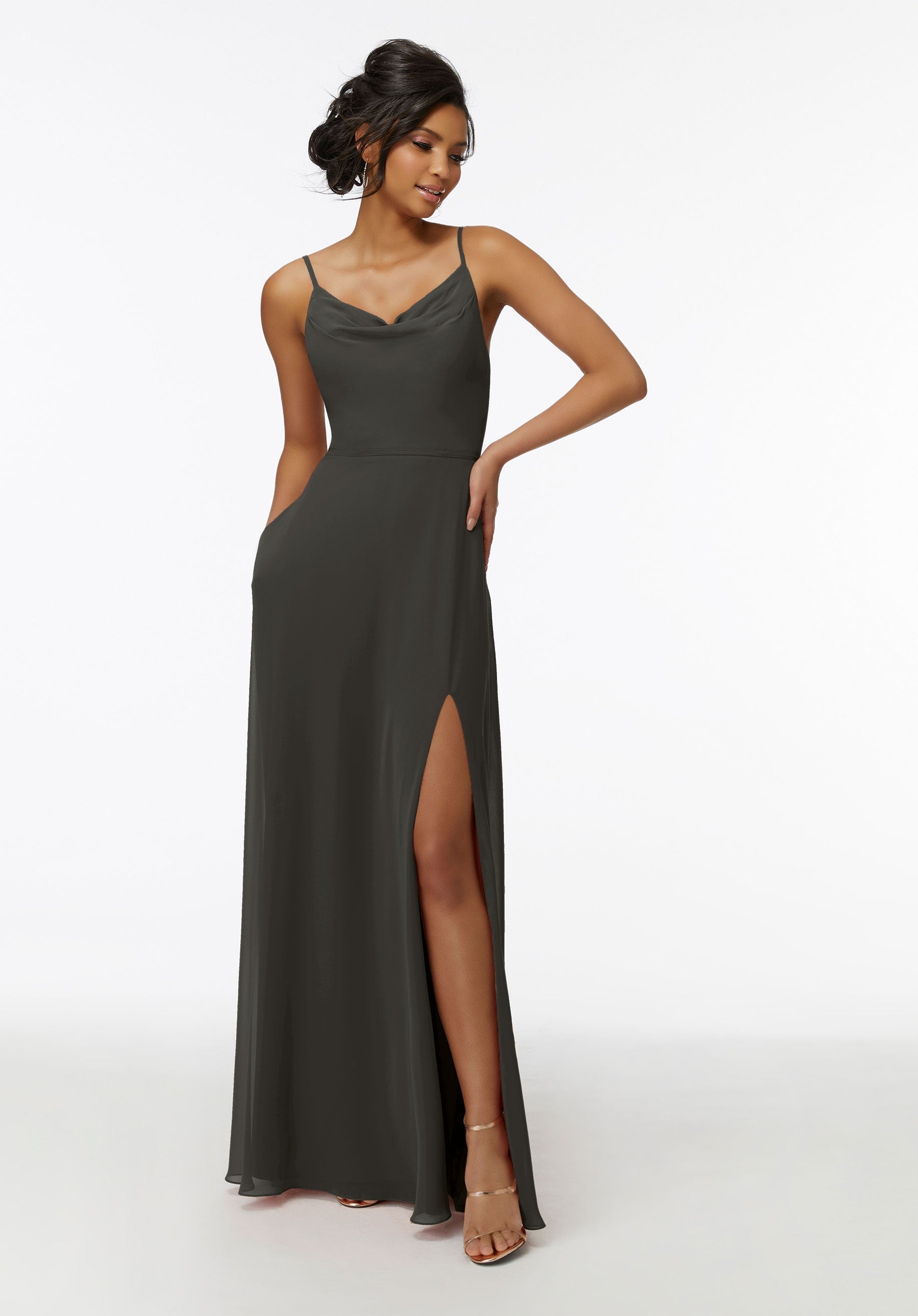 Formal Dresses Long Slit Formal A Line Dress MGNY Madeline Gardner New York 21732 Charcoal
