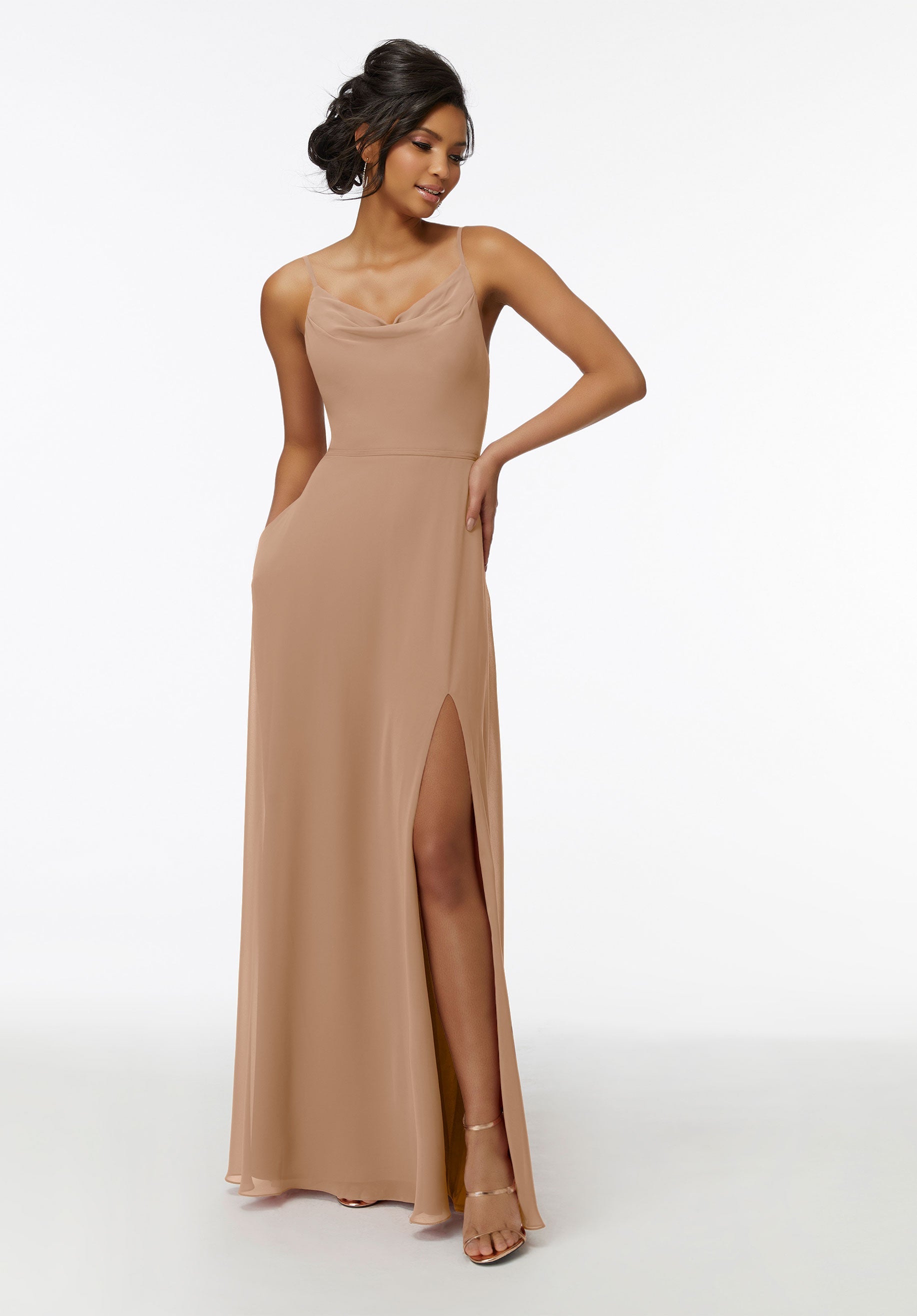 Formal Dresses Formal Long A Line Slit Dress MGNY Madeline Gardner New York 21732 Latte