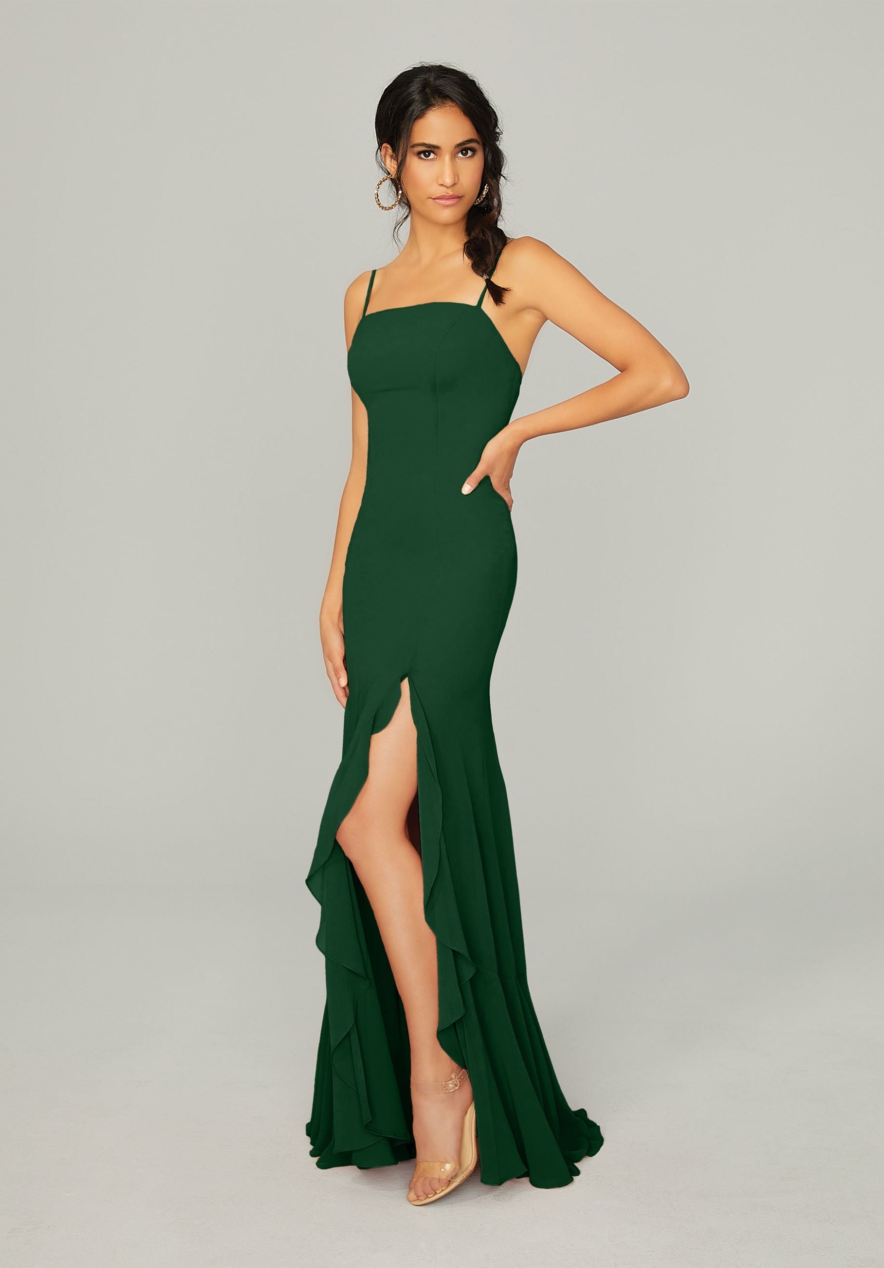 Formal Dresses Long Formal Ruffle Slit Dress MGNY Madeline Gardner New York 21752 Emerald
