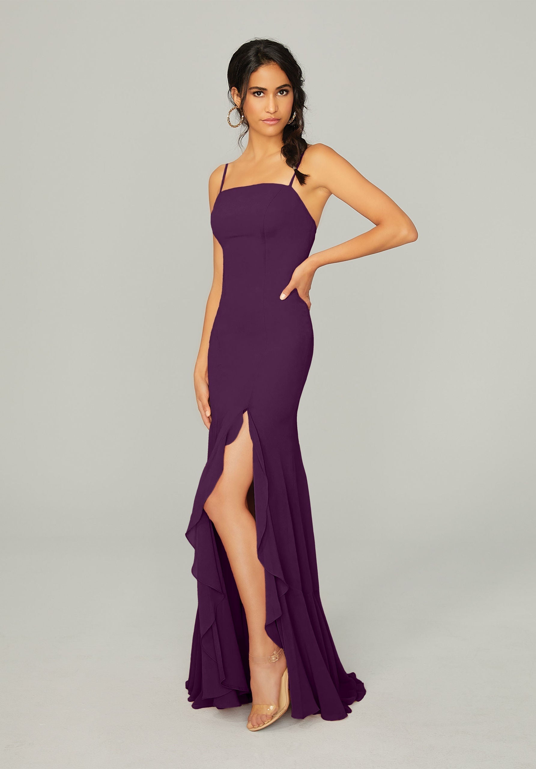 Formal Dresses Long Formal Ruffle Slit Dress MGNY Madeline Gardner New York 21752 Eggplant
