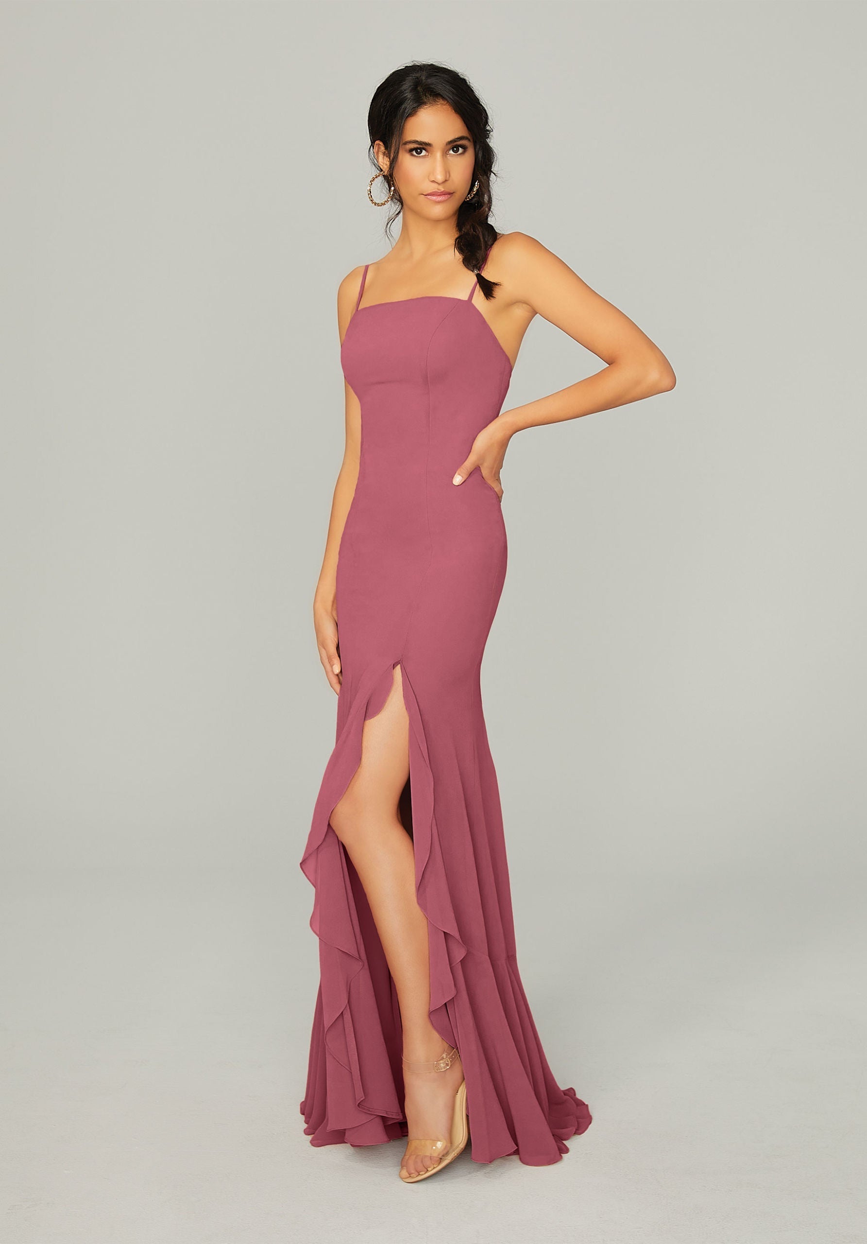 Formal Dresses Ruffle Formal Long Slit Dress MGNY Madeline Gardner New York 21752 Rosewood