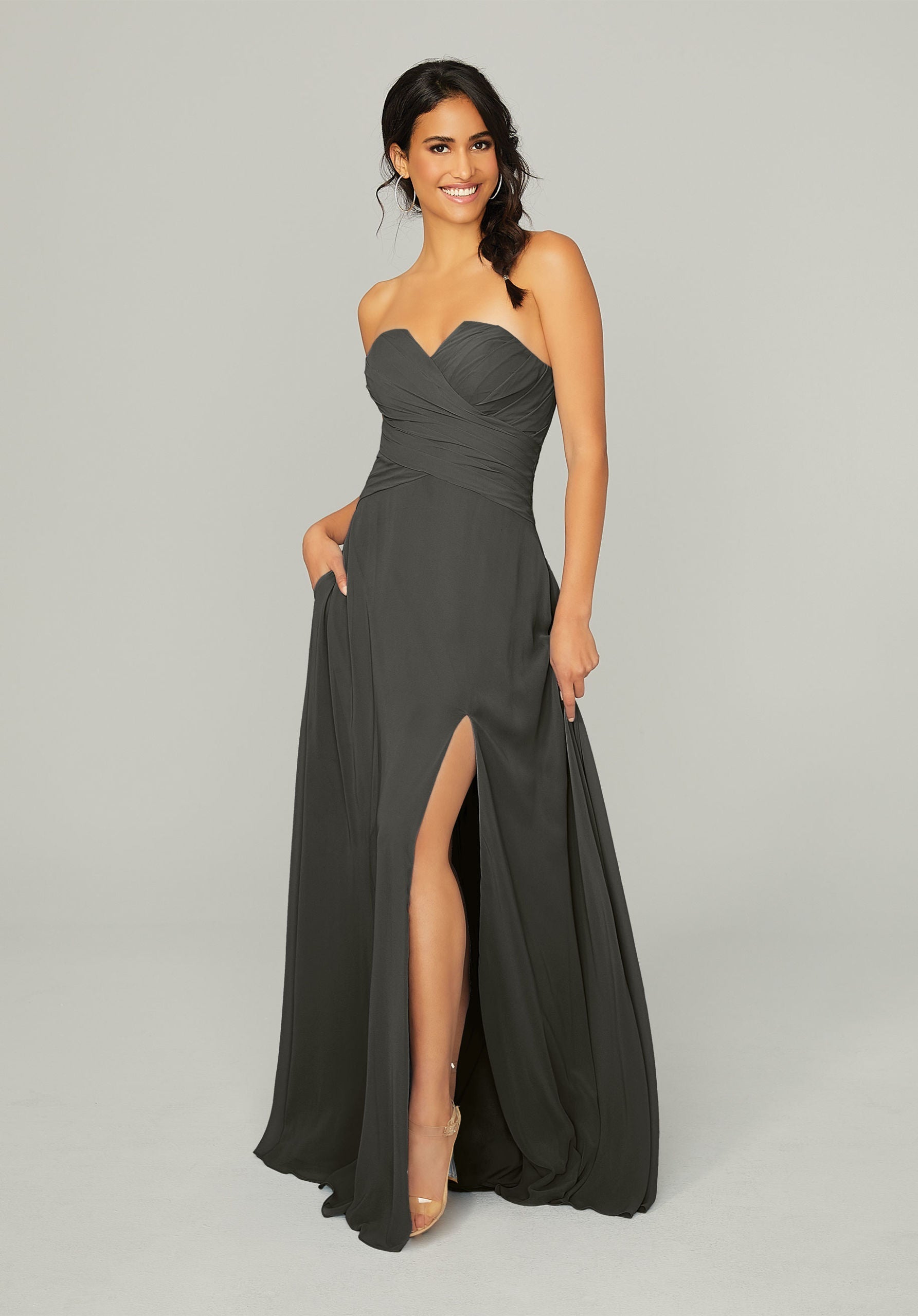 Formal Dresses Long Slit Formal Dress MGNY Madeline Gardner New York 21756 Charcoal