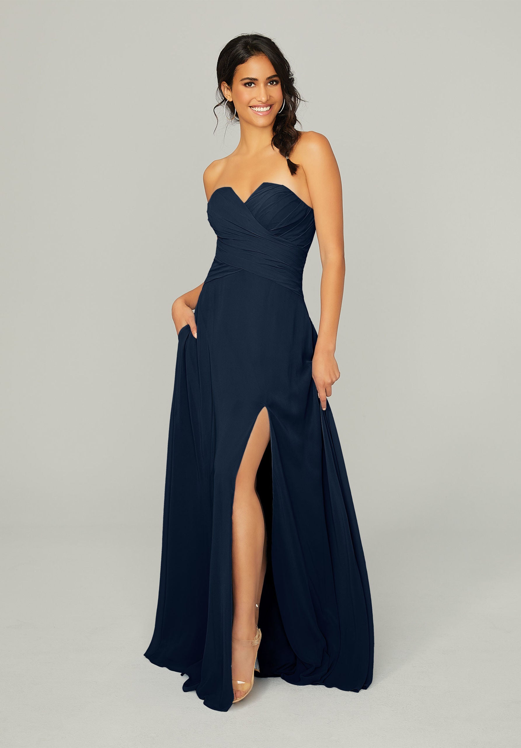 Formal Dresses Slit Long Formal Dress MGNY Madeline Gardner New York 21756 Navy