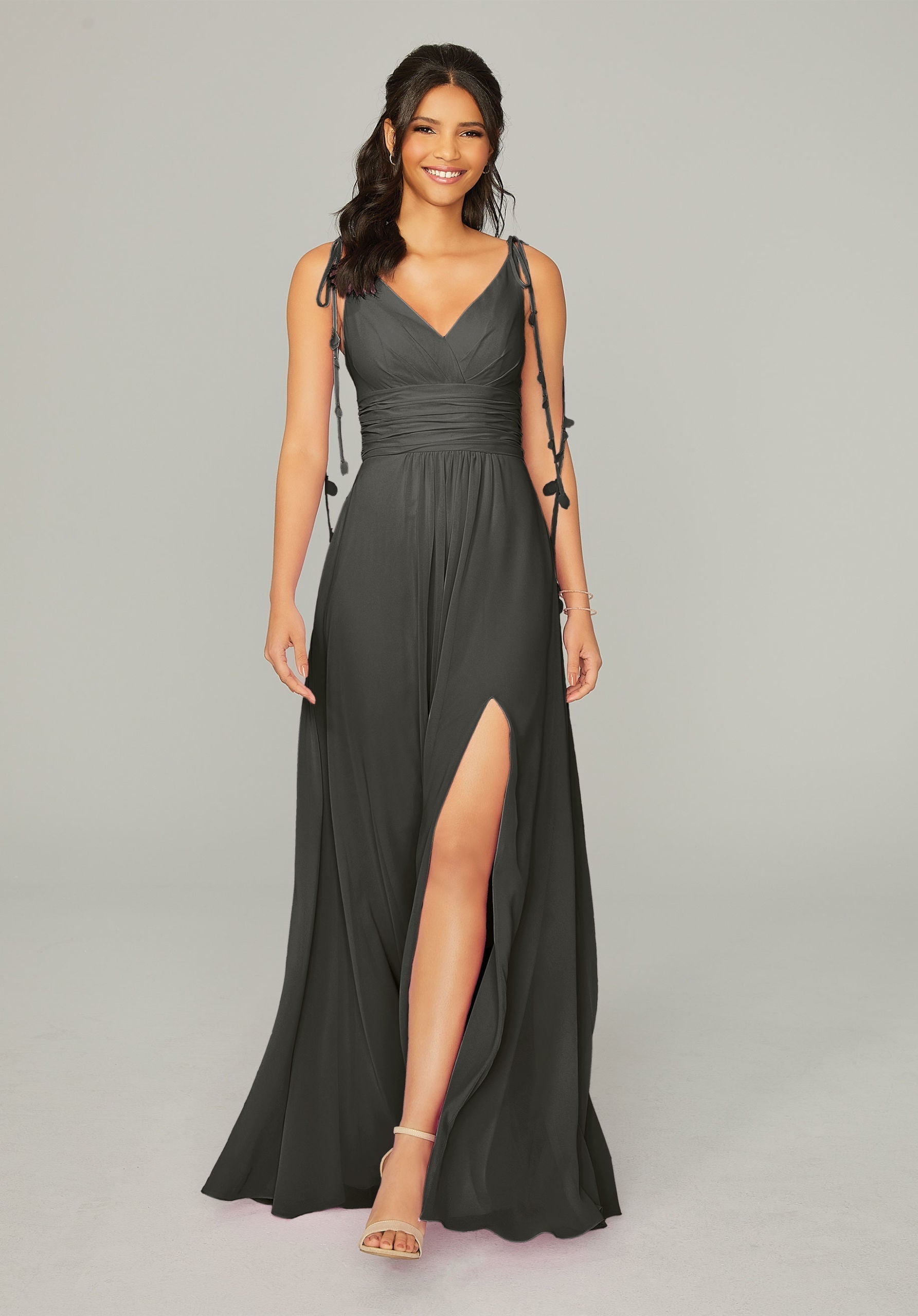 Formal Dresses Formal Long A Line Slit Dress MGNY Madeline Gardner New York 21759 Charcoal
