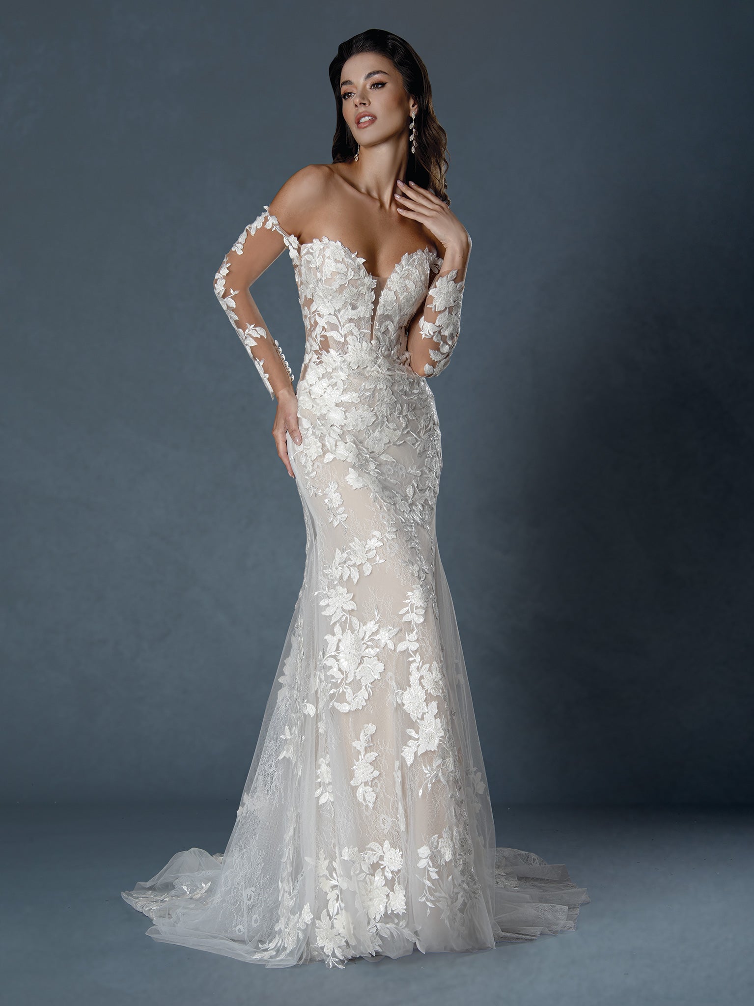 Long Beaded Bridal Lace Mermaid Wedding Dress - Off White / 12 Long Beaded Bridal Lace Mermaid Wedding Dress - Off White / 12