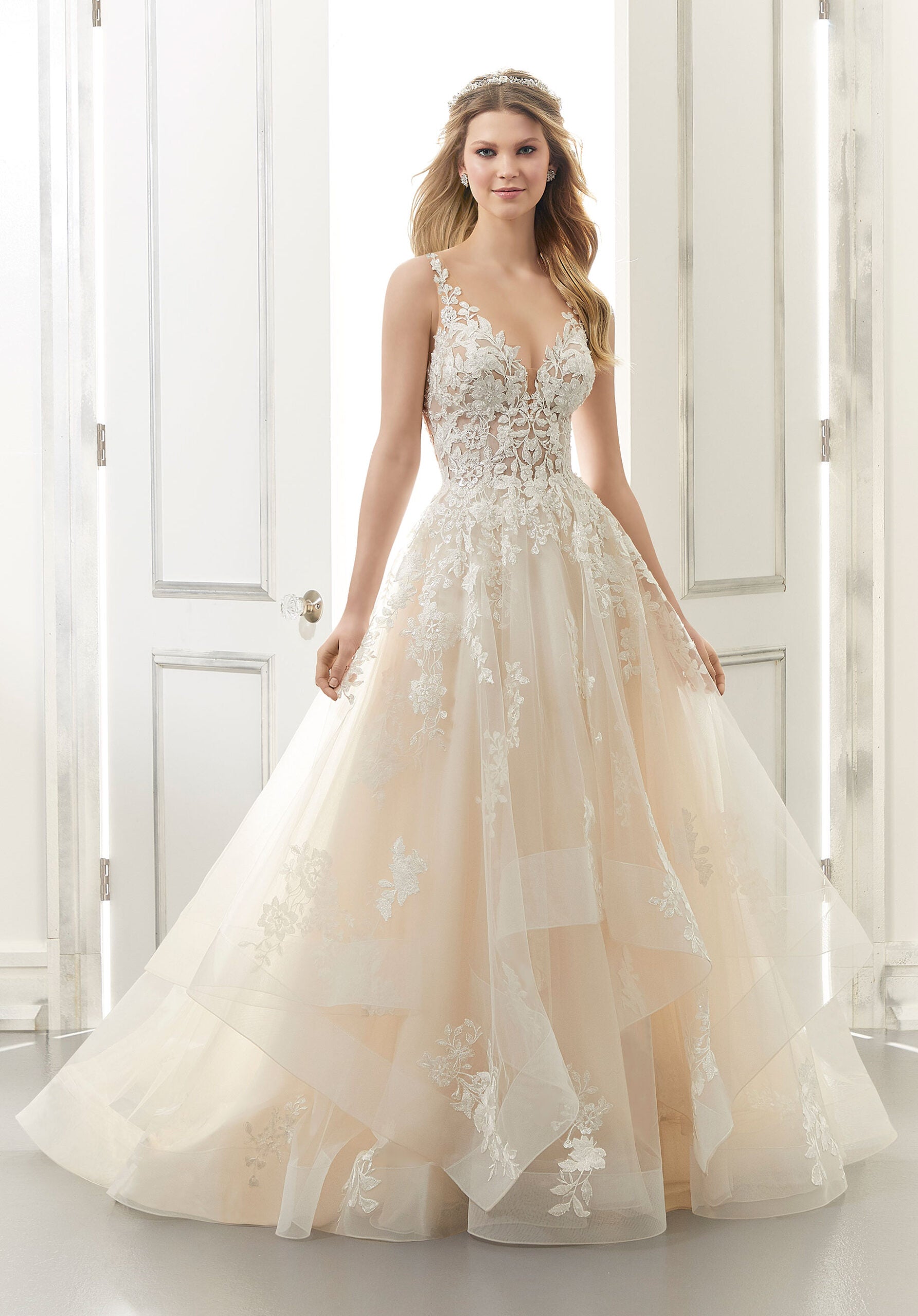 Wedding Dresses Long A Line Bridal Wedding Dress MGNY Madeline Gardner New York 2176 Ivory/Champagne/Honey