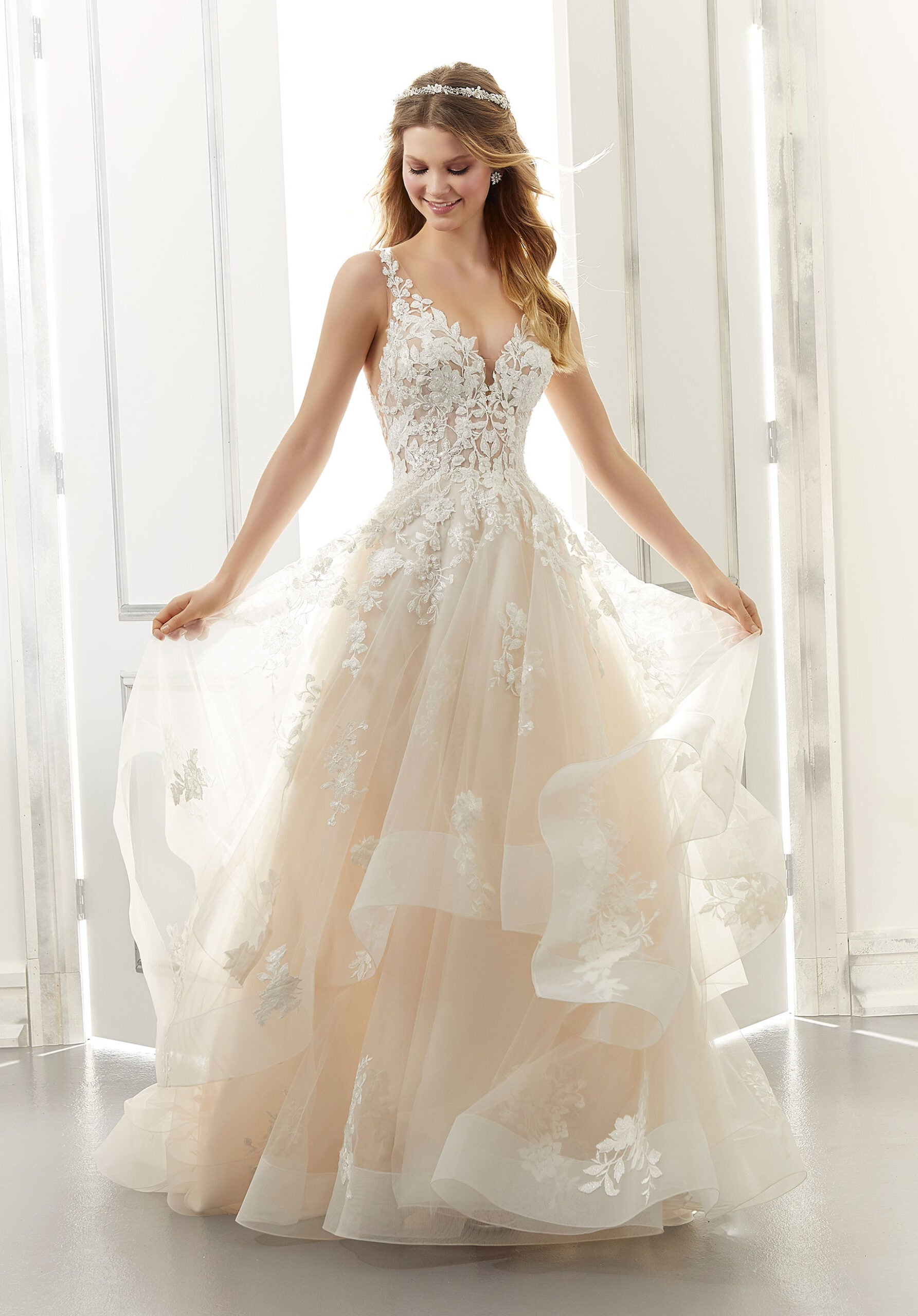Wedding Dresses Long A Line Bridal Wedding Dress MGNY Madeline Gardner New York 2176 Ivory/Champagne/Honey