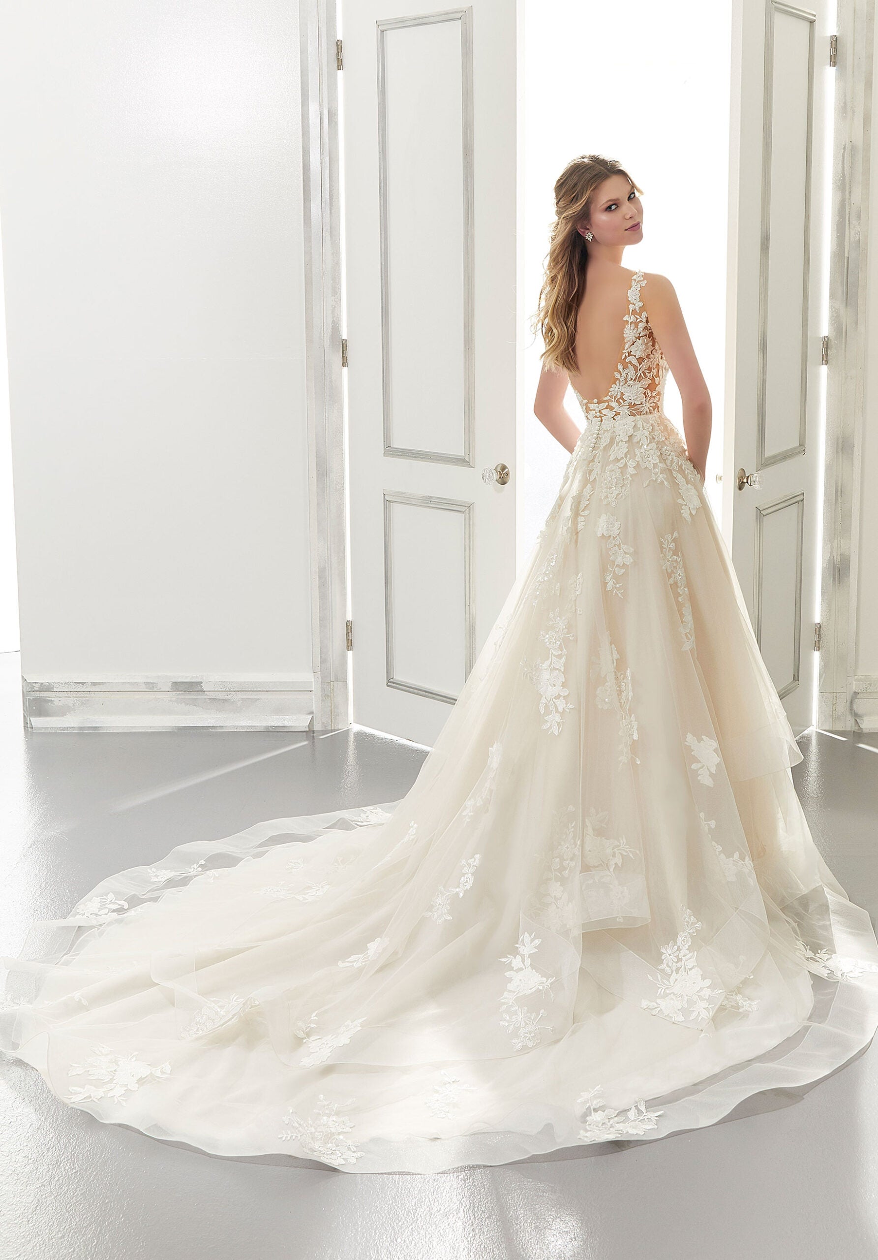 Wedding Dresses Long A Line Bridal Wedding Dress MGNY Madeline Gardner New York 2176 Ivory/Champagne/Honey