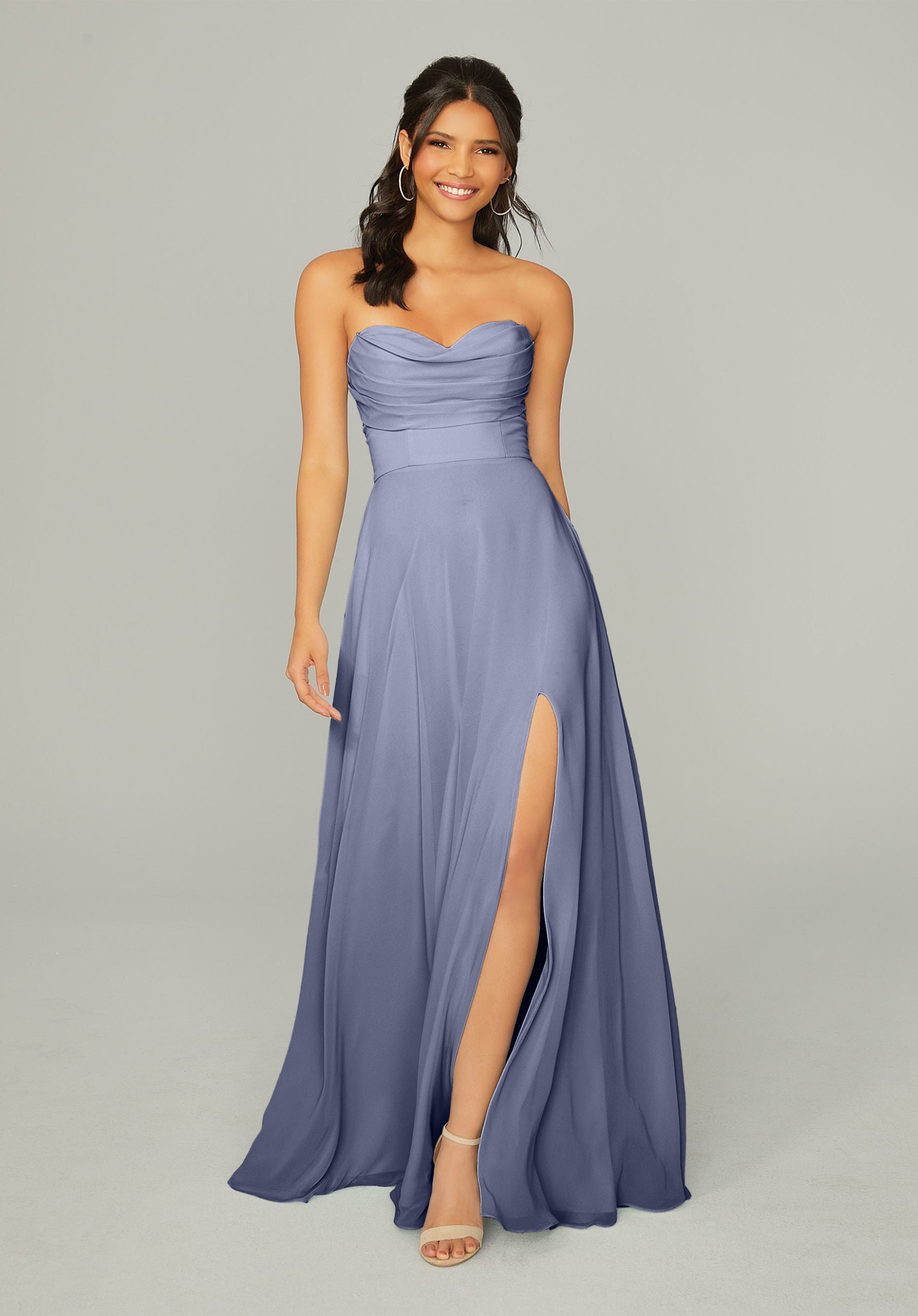 Formal Dresses Long Formal Slit Pleated A Line Dress MGNY Madeline Gardner New York 21766 Dusk