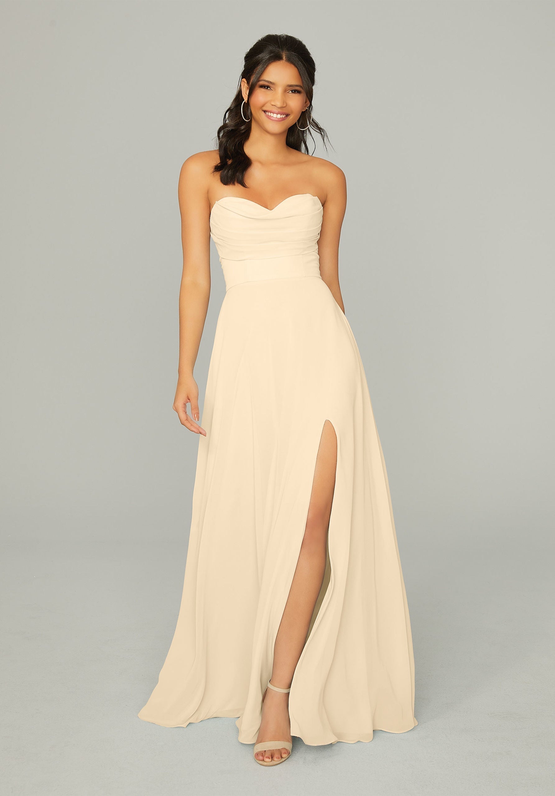 Formal Dresses Long Formal A Line Pleated Slit Dress MGNY Madeline Gardner New York 21766 Buttercream