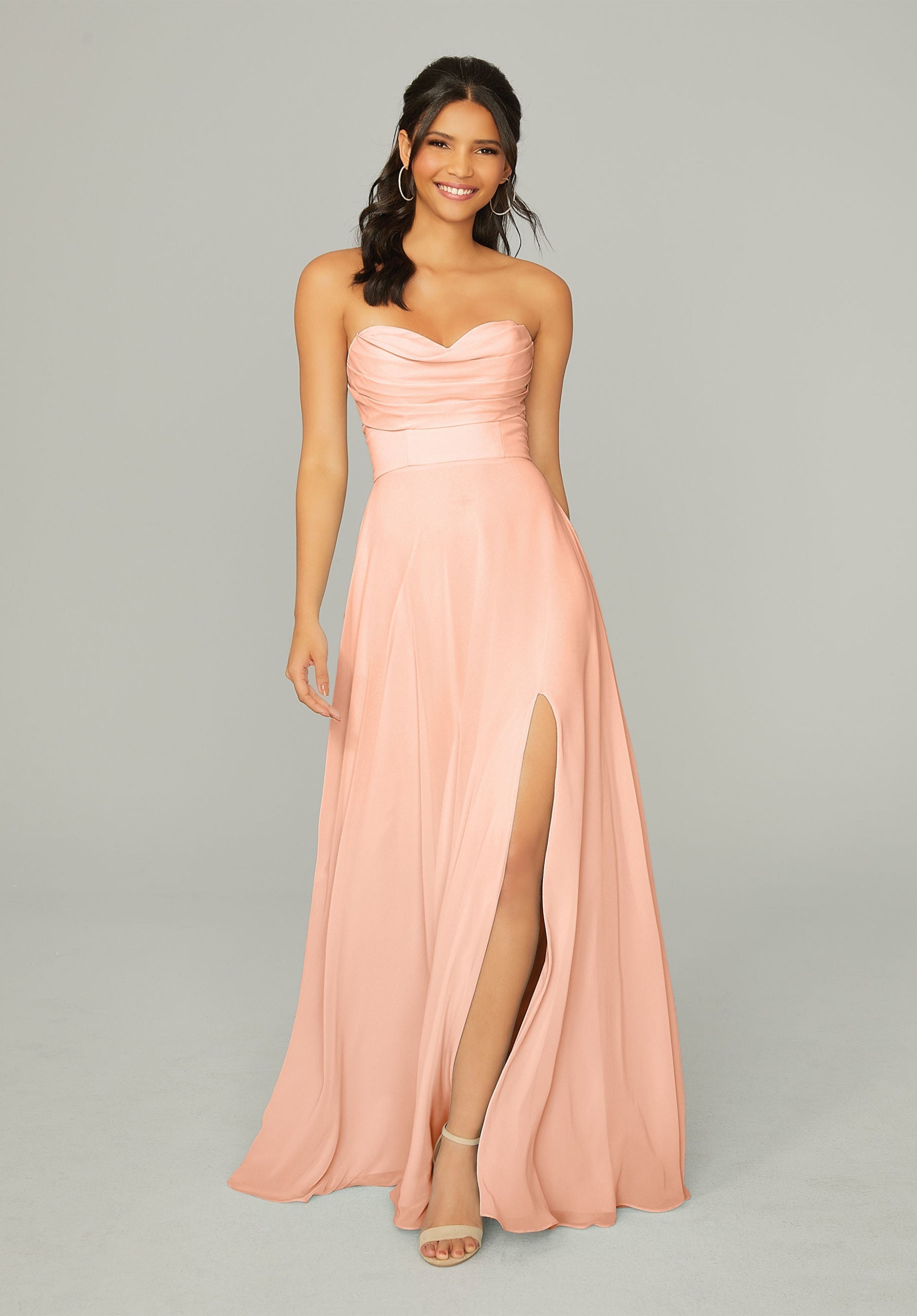 Formal Dresses Long Pleated Formal A Line Slit Dress MGNY Madeline Gardner New York 21766 Sorbet