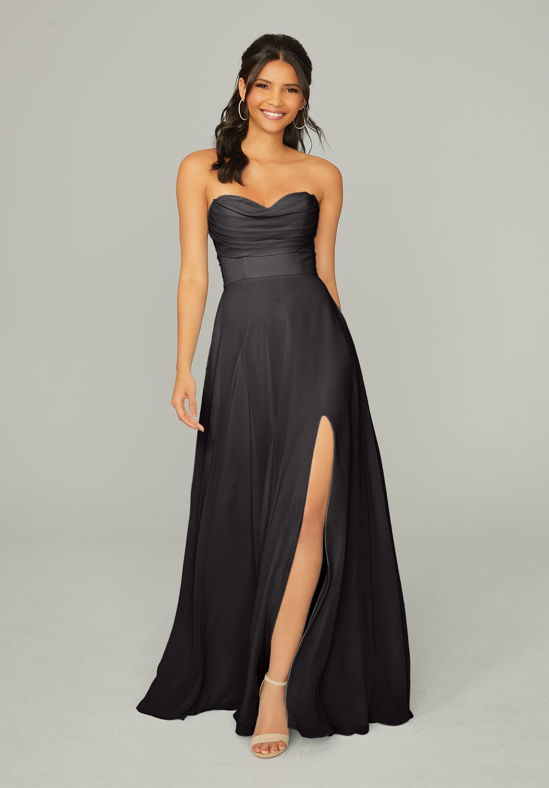 Formal Dresses Long Formal Pleated Slit A Line Dress MGNY Madeline Gardner New York 21766 Black