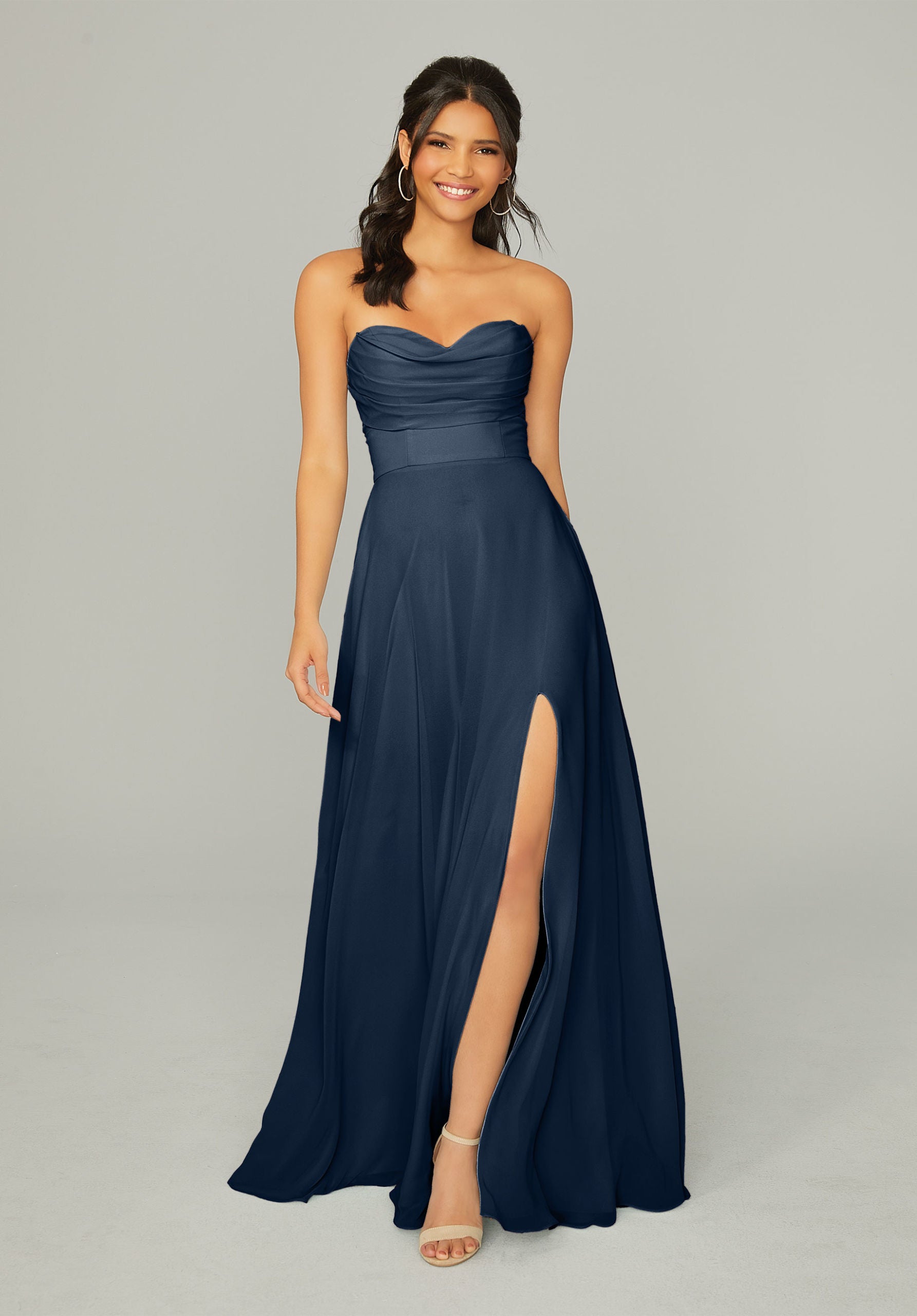 Formal Dresses Long Formal Slit A Line Pleated Dress MGNY Madeline Gardner New York 21766 Navy
