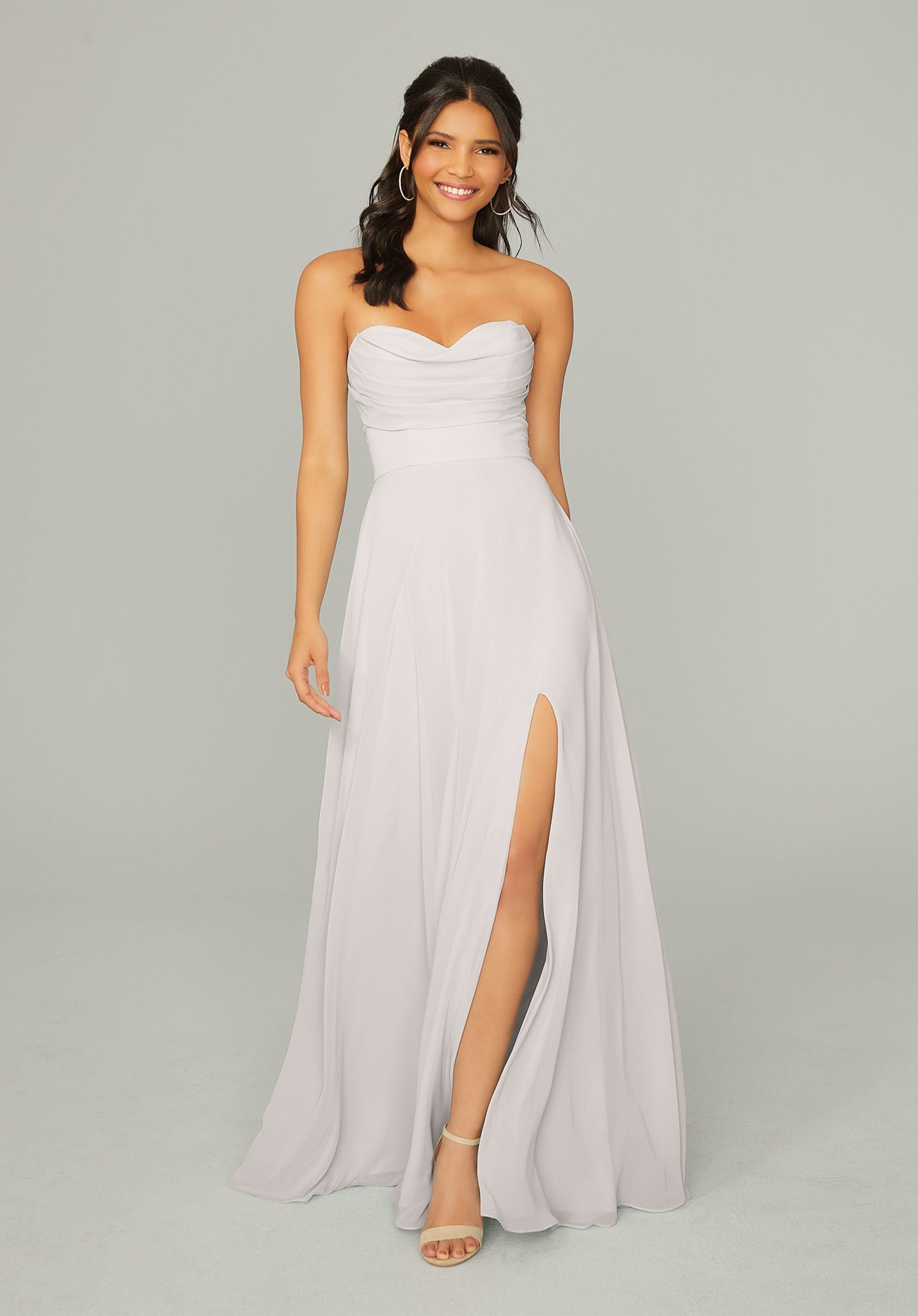 Formal Dresses Long Pleated Formal A Line Slit Dress MGNY Madeline Gardner New York 21766 Silver