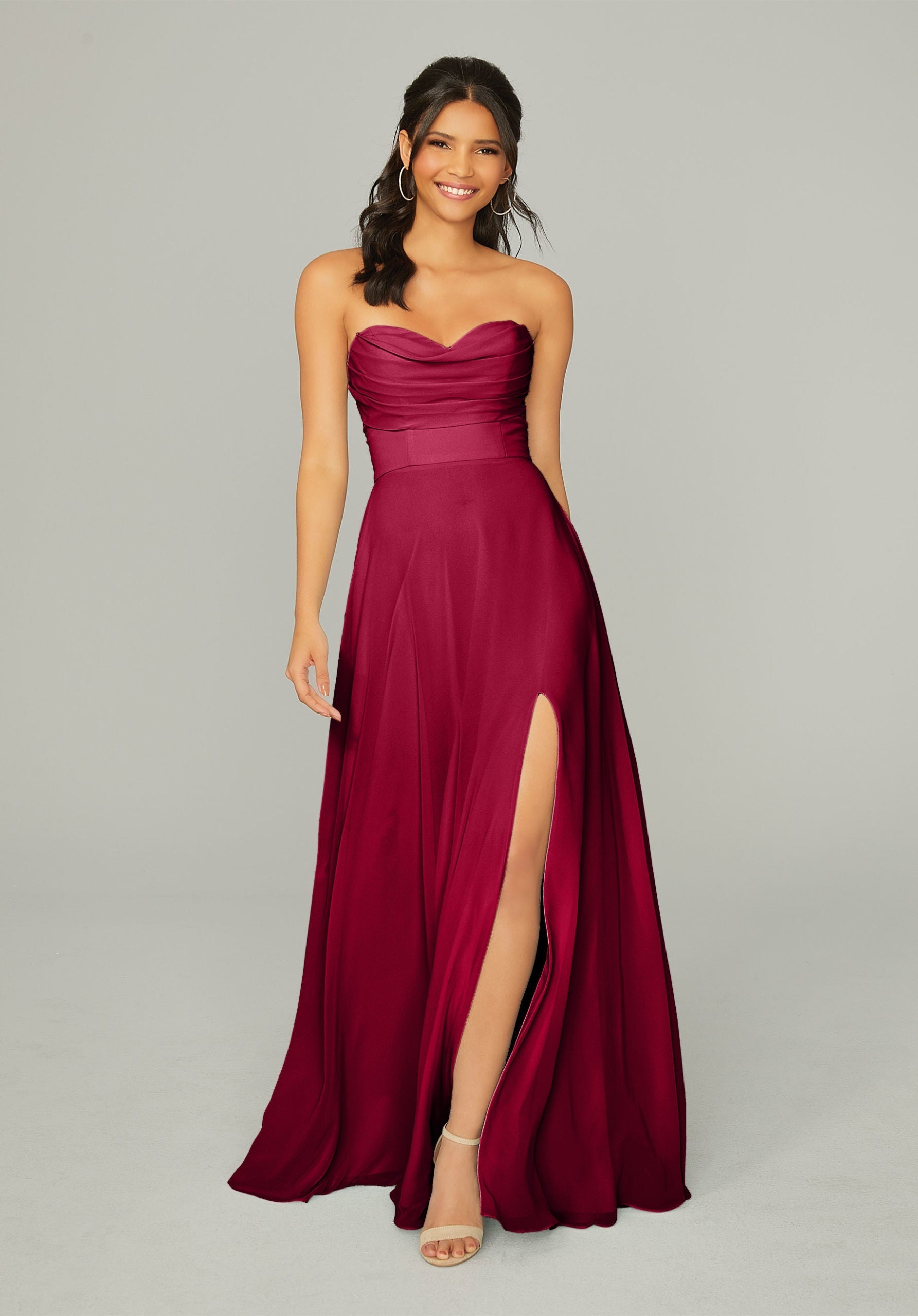 Formal Dresses Long Formal A Line Slit Pleated Dress MGNY Madeline Gardner New York 21766 Claret