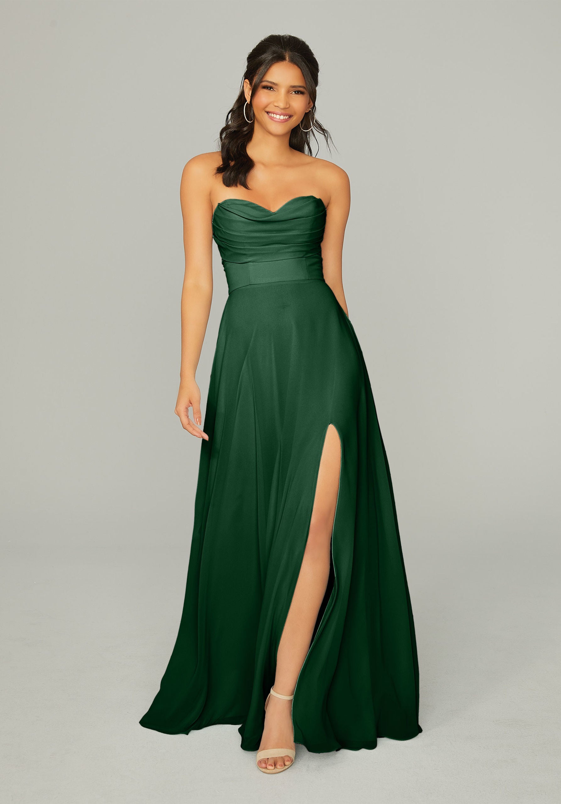 Formal Dresses Long Formal Slit Pleated A Line Dress MGNY Madeline Gardner New York 21766 Emerald