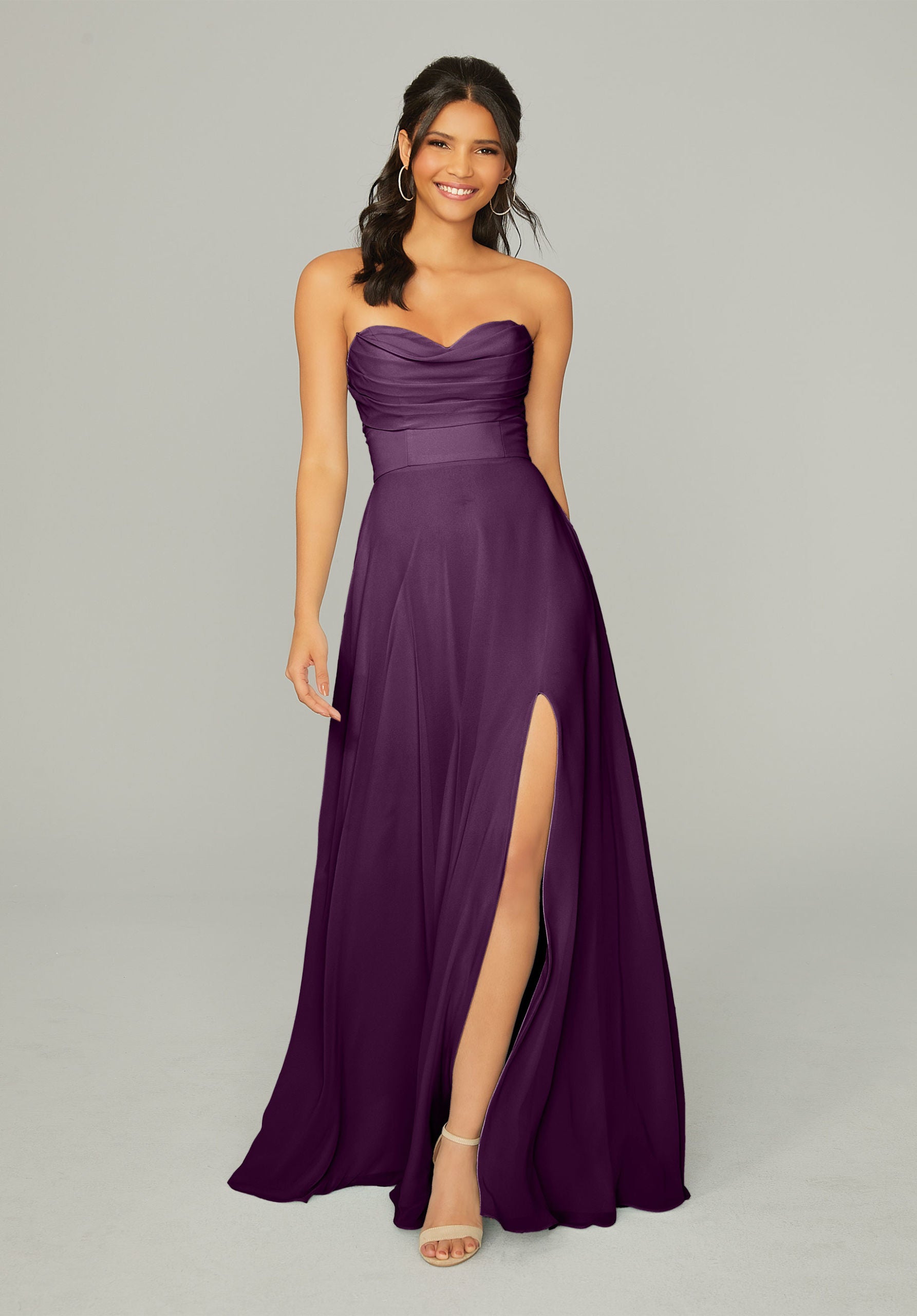 Formal Dresses Long Formal Slit Pleated A Line Dress MGNY Madeline Gardner New York 21766 Eggplant
