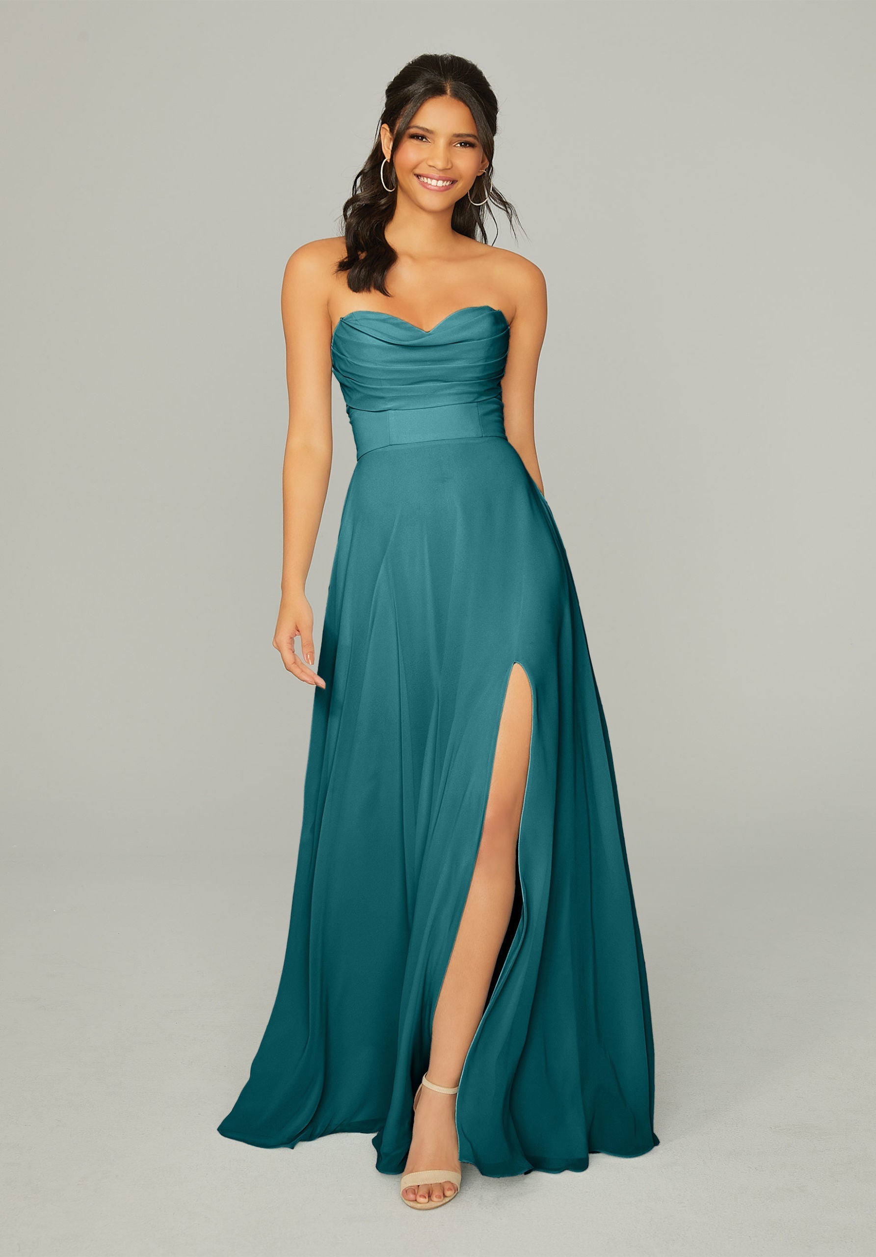 Formal Dresses Long Pleated A Line Formal Slit Dress MGNY Madeline Gardner New York 21766 Teal