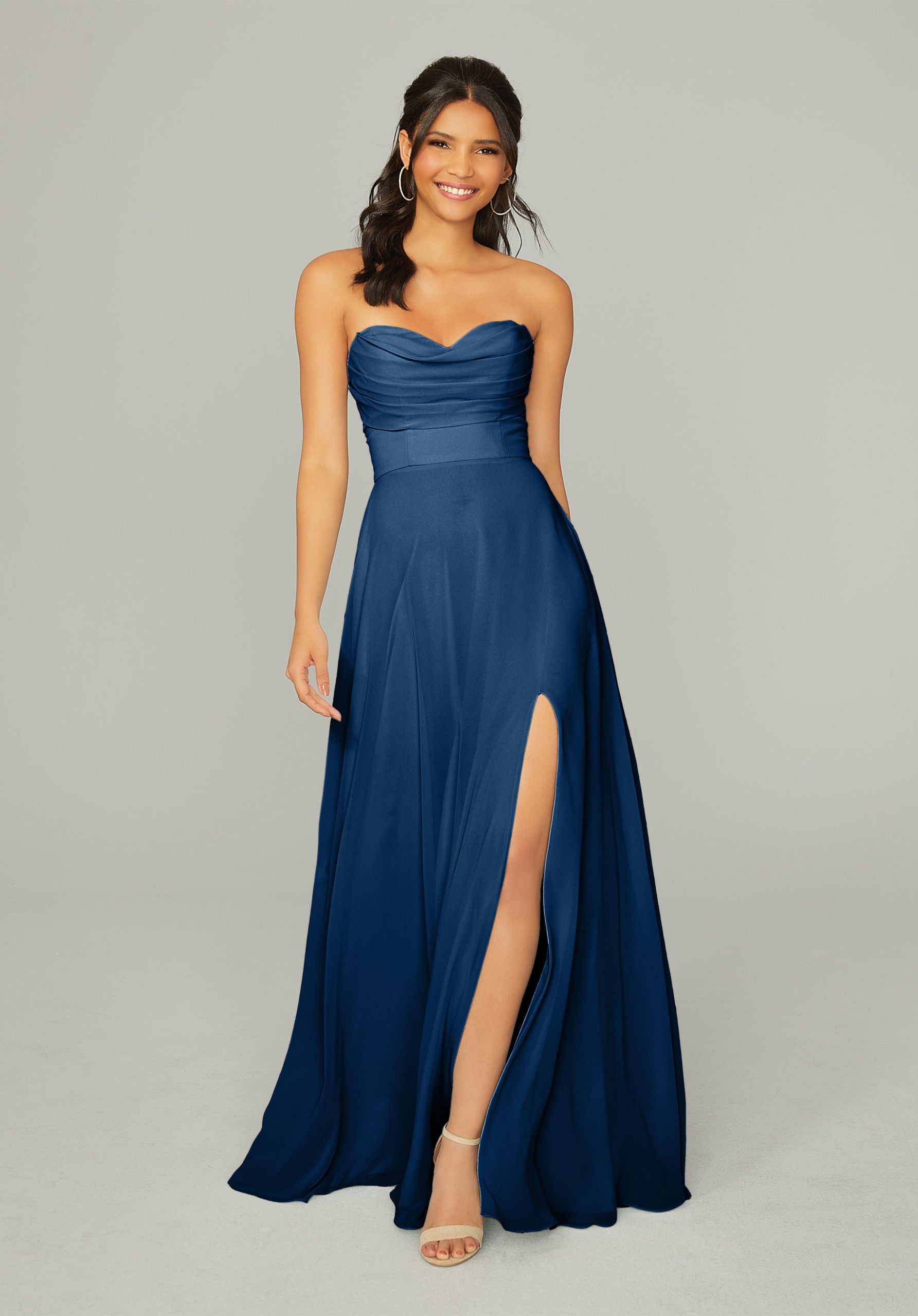 Formal Dresses Long Pleated Formal A Line Slit Dress MGNY Madeline Gardner New York 21766 Sapphire