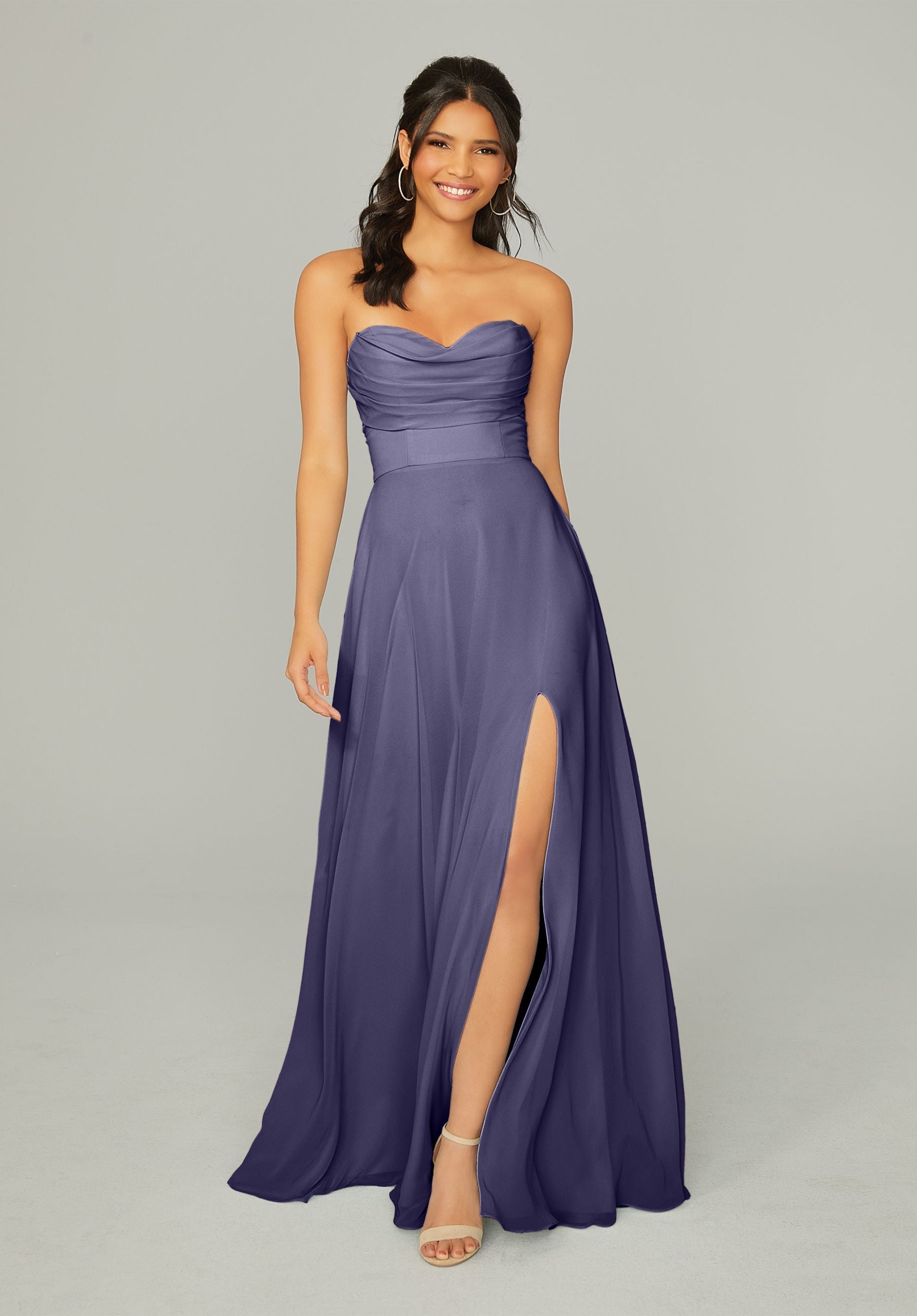 Formal Dresses Long Pleated A Line Formal Slit Dress MGNY Madeline Gardner New York 21766 Storm