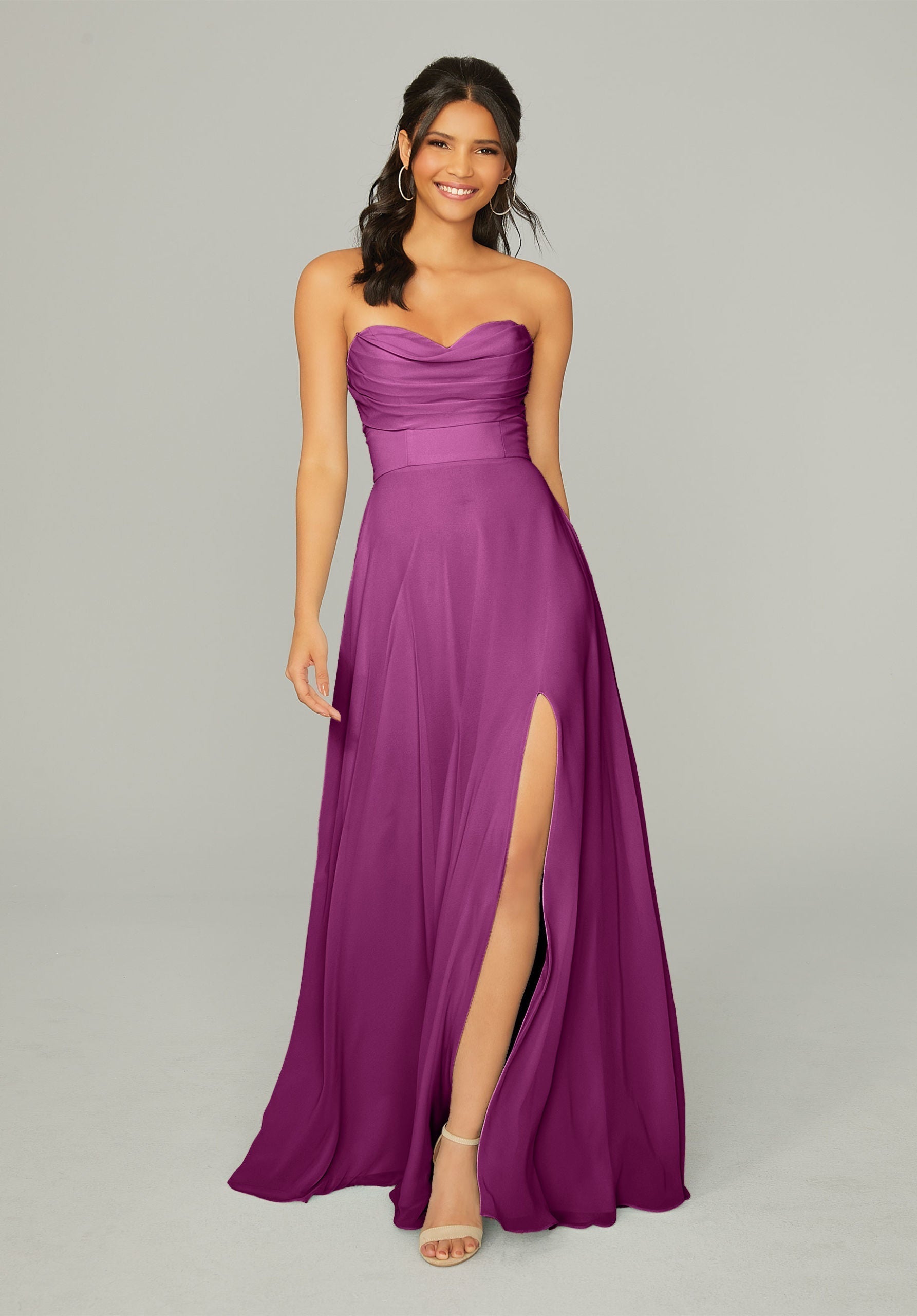 Formal Dresses Long Formal Slit A Line Pleated Dress MGNY Madeline Gardner New York 21766 Mulberry