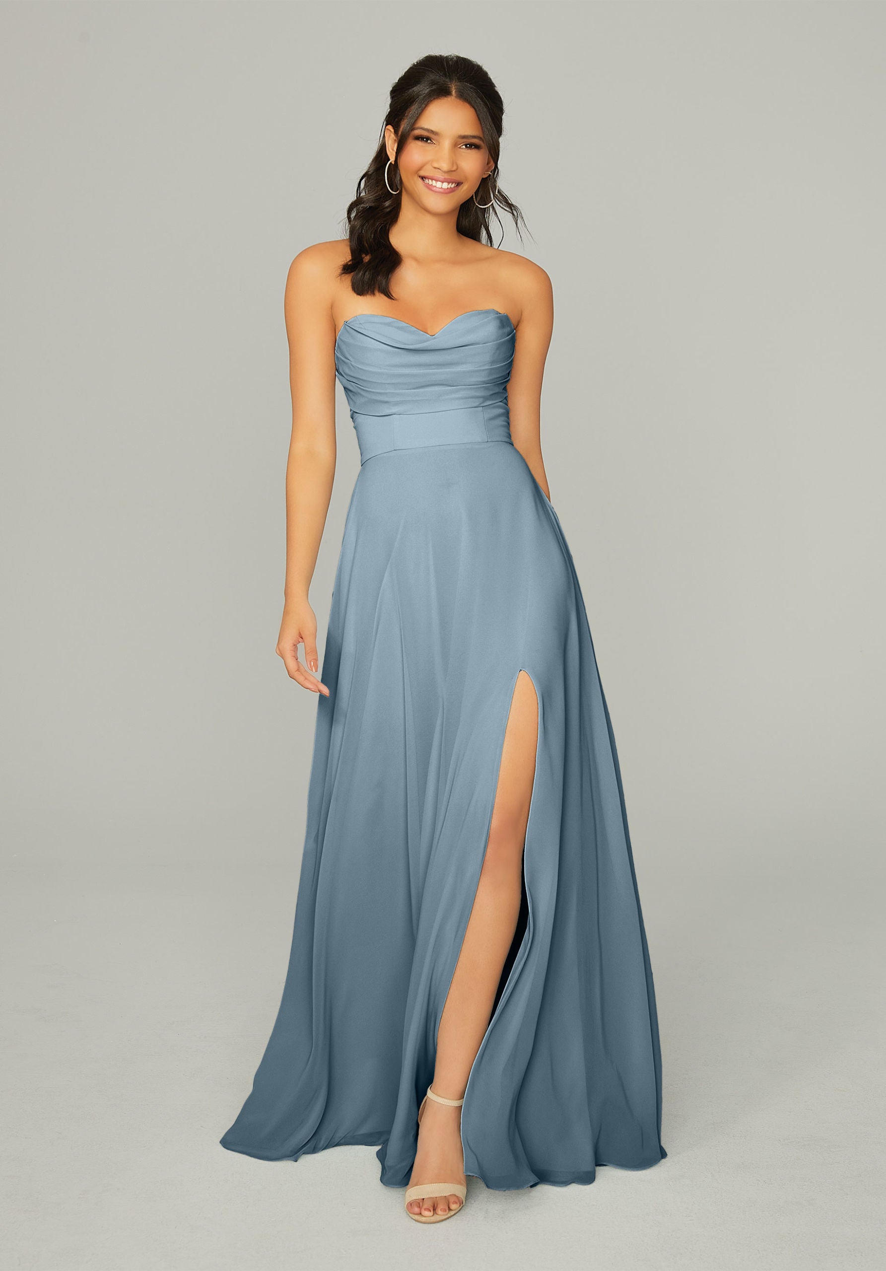 Formal Dresses Long Pleated Formal A Line Slit Dress MGNY Madeline Gardner New York 21766 Slate