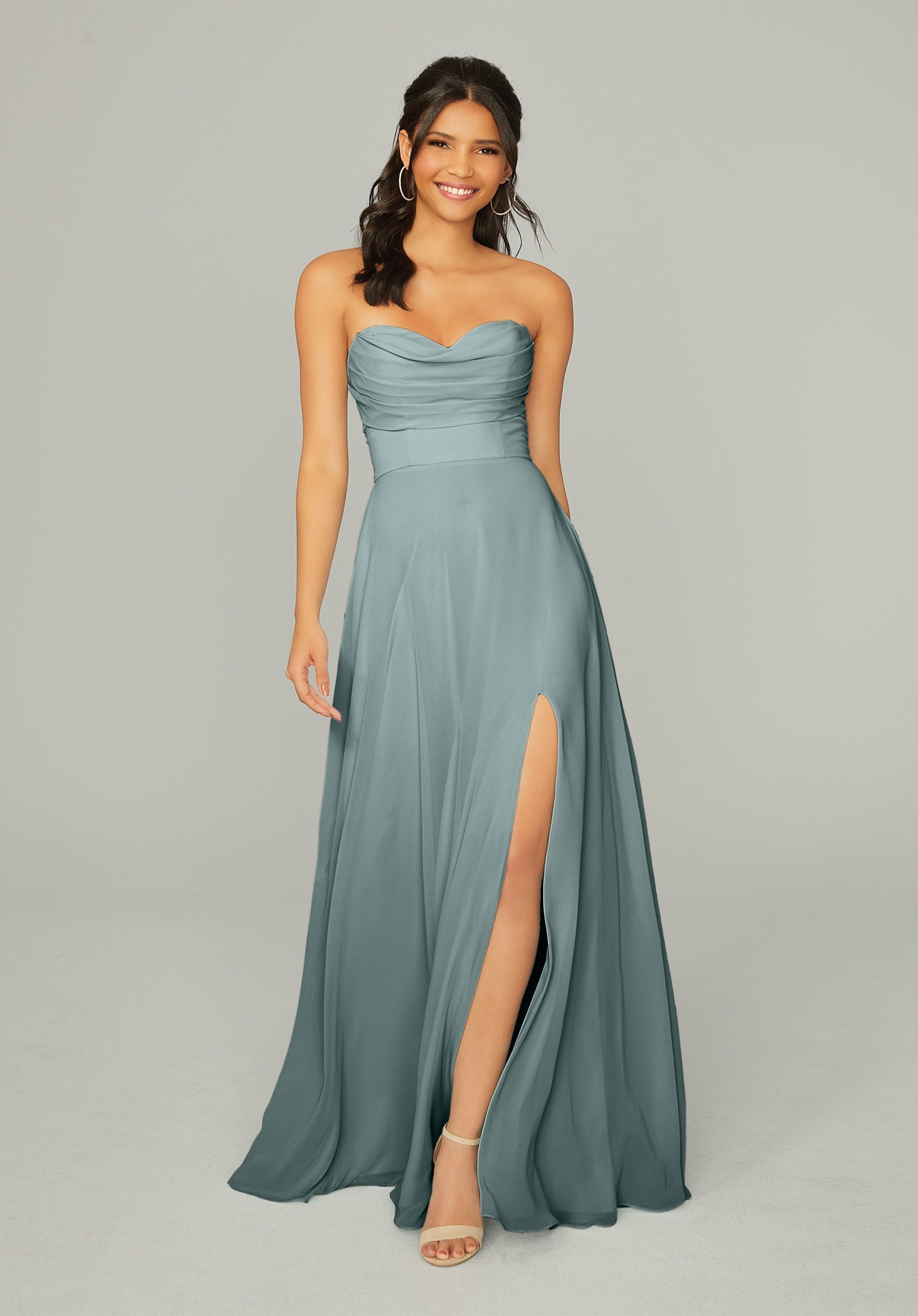Formal Dresses Long Formal A Line Slit Pleated Dress MGNY Madeline Gardner New York 21766 Deep Sea