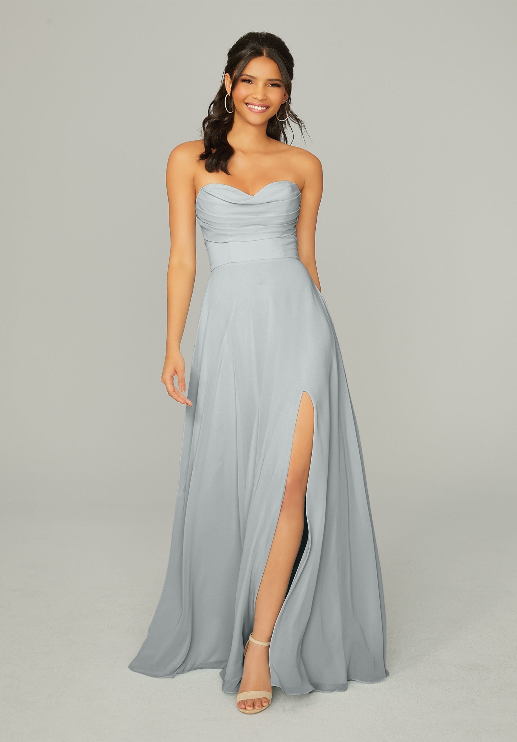 Formal Dresses Long Formal A Line Slit Pleated Dress MGNY Madeline Gardner New York 21766 Dove