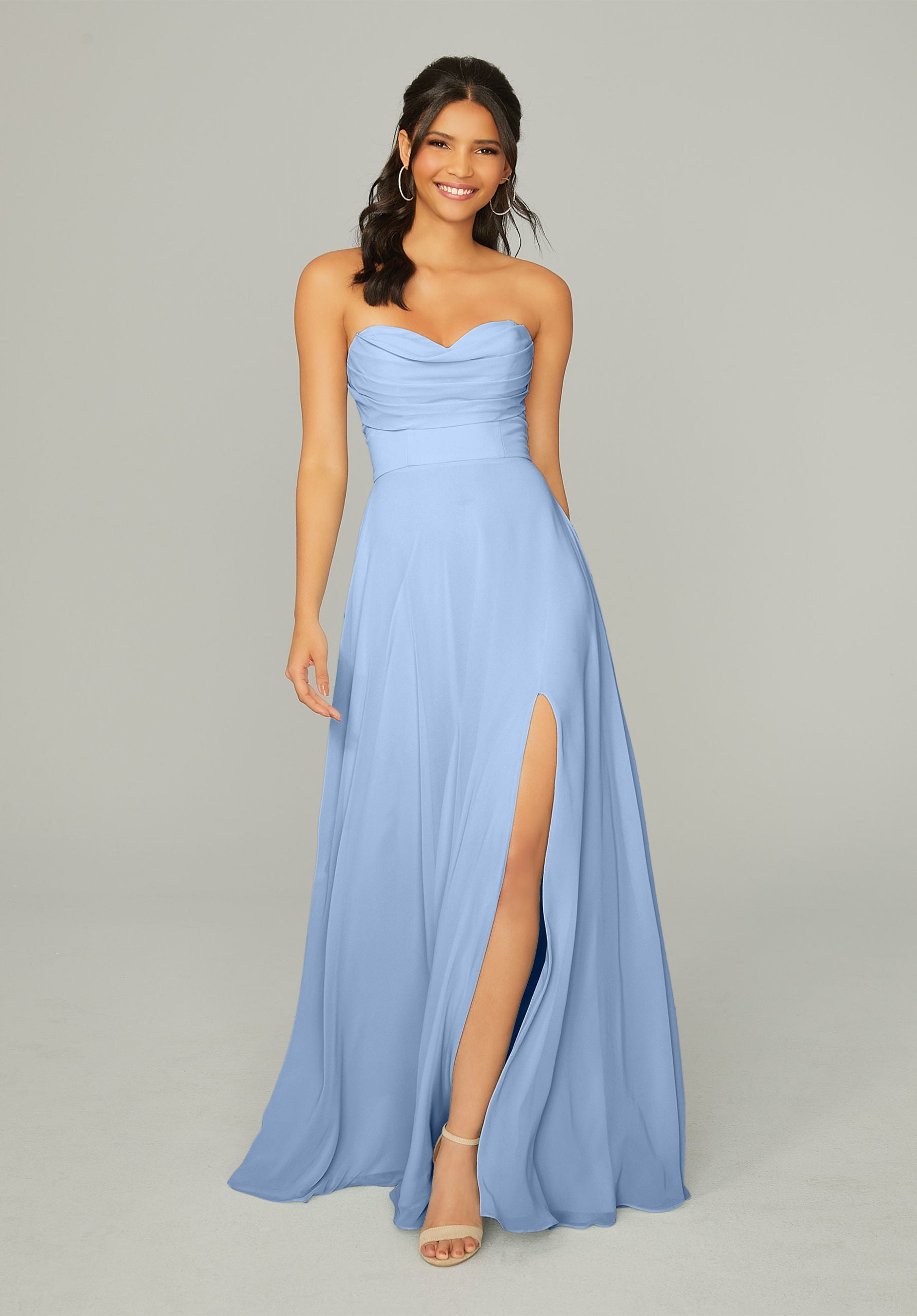 Formal Dresses Long Formal A Line Slit Pleated Dress MGNY Madeline Gardner New York 21766 Cornflower