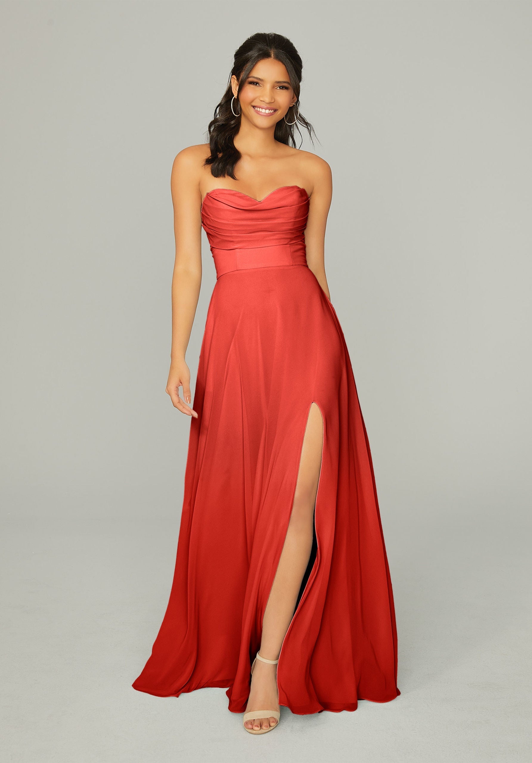 Formal Dresses Long Formal A Line Pleated Slit Dress MGNY Madeline Gardner New York 21766 Cinnamon
