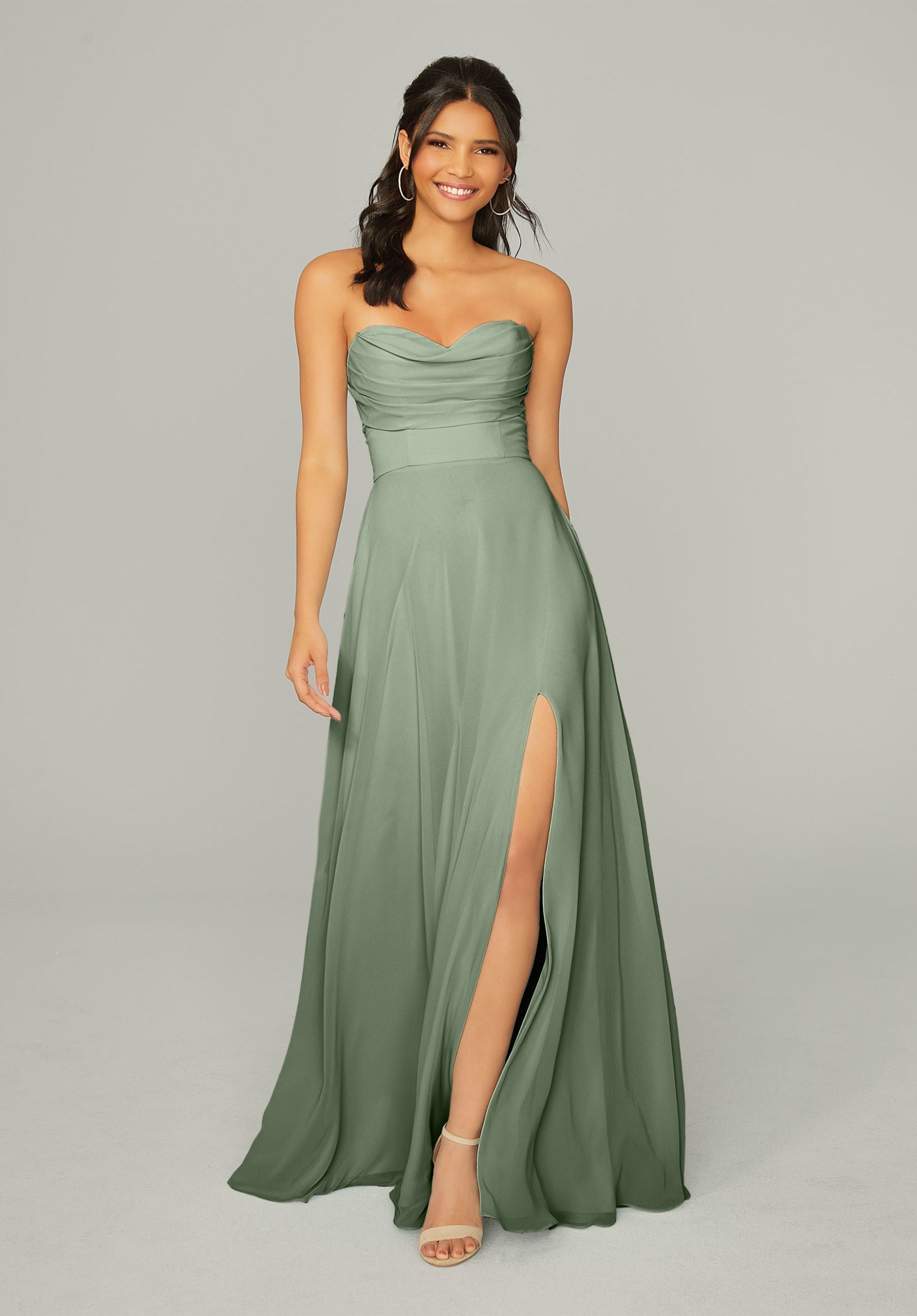 Formal Dresses Long Formal Slit A Line Pleated Dress MGNY Madeline Gardner New York 21766 Moss