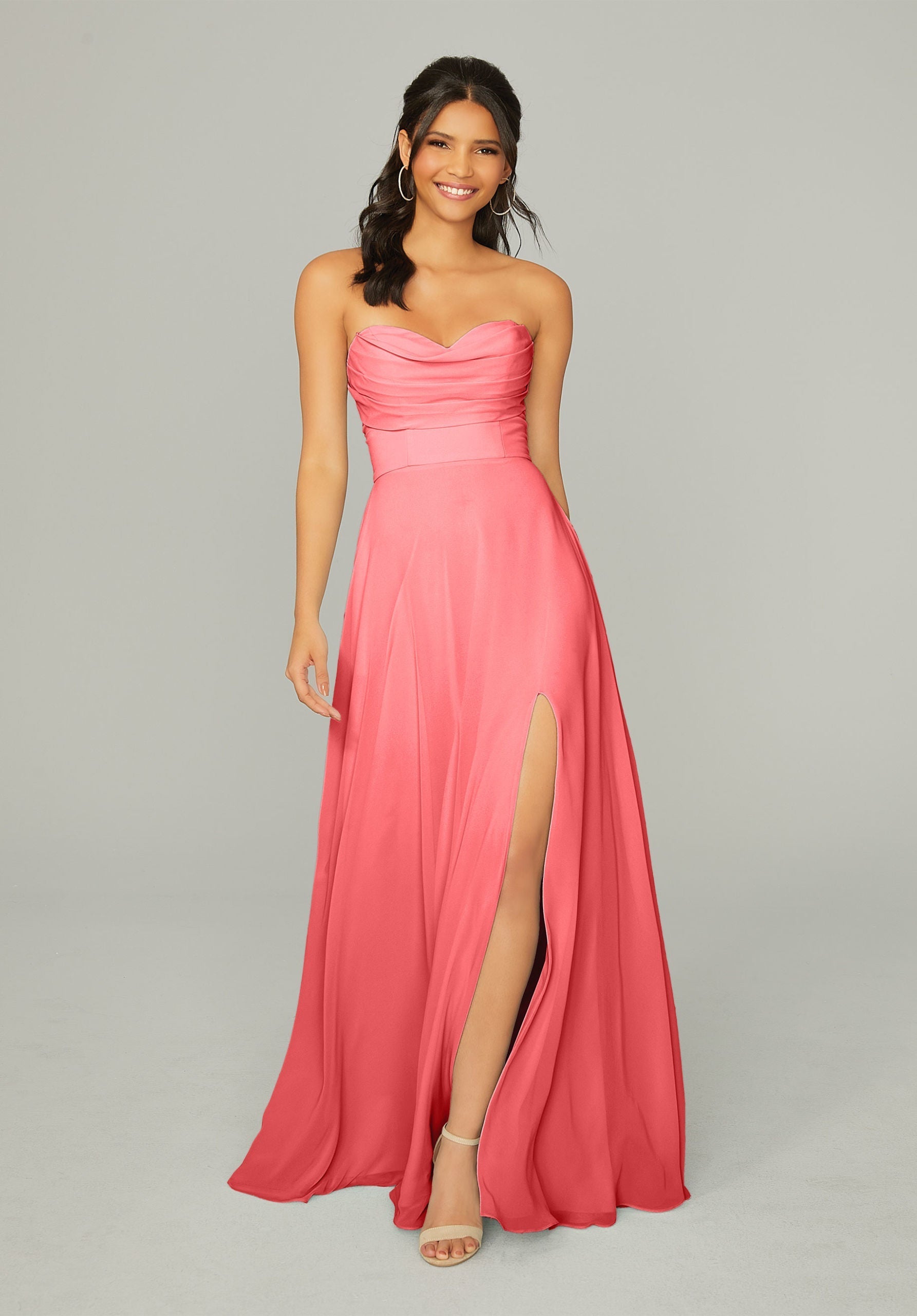 Formal Dresses Long Pleated A Line Formal Slit Dress MGNY Madeline Gardner New York 21766 Cantaloupe